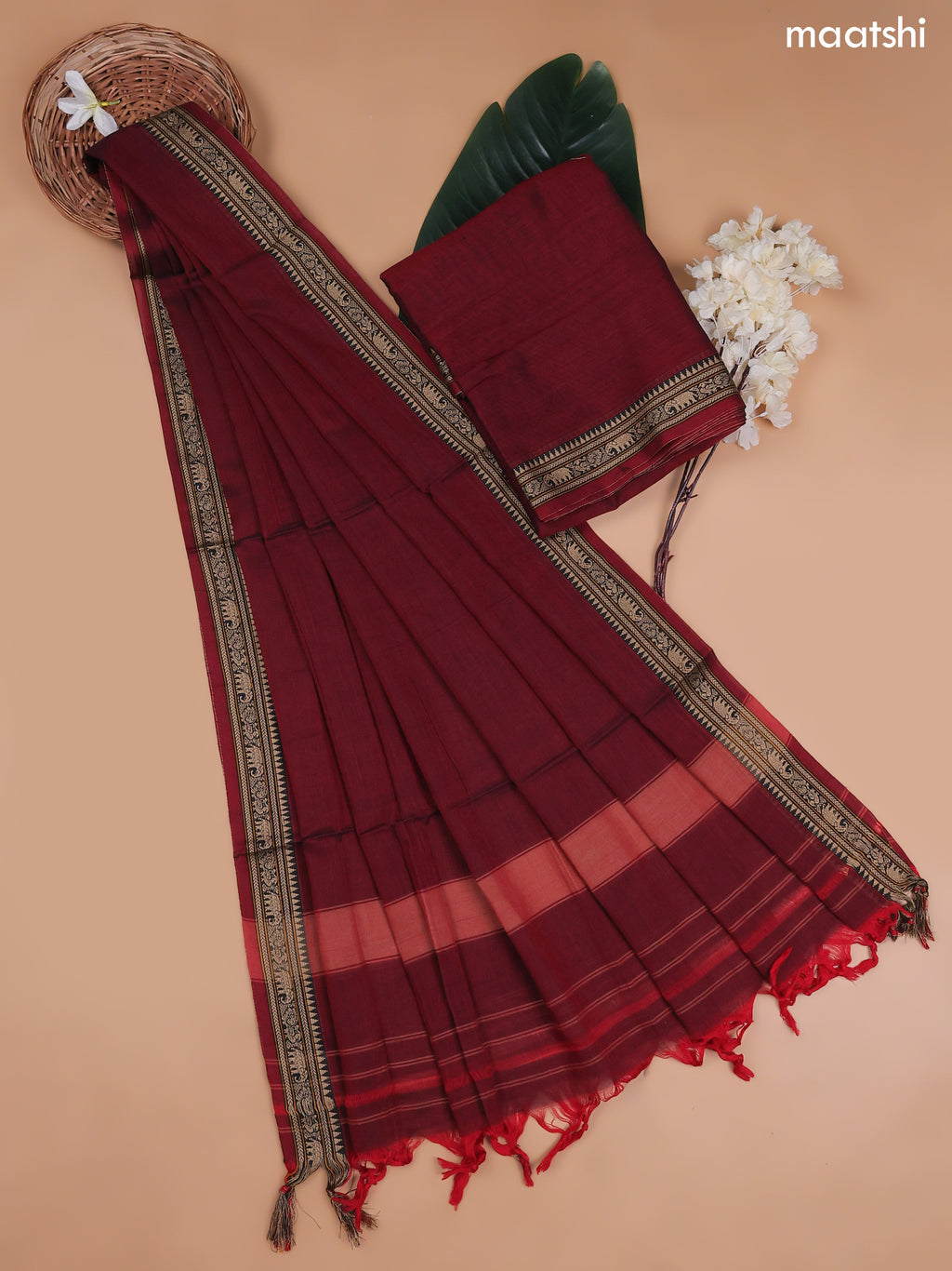 Maroon Narayanpet Cotton Dress Material With Plain Body and Running Bottom & Duppata