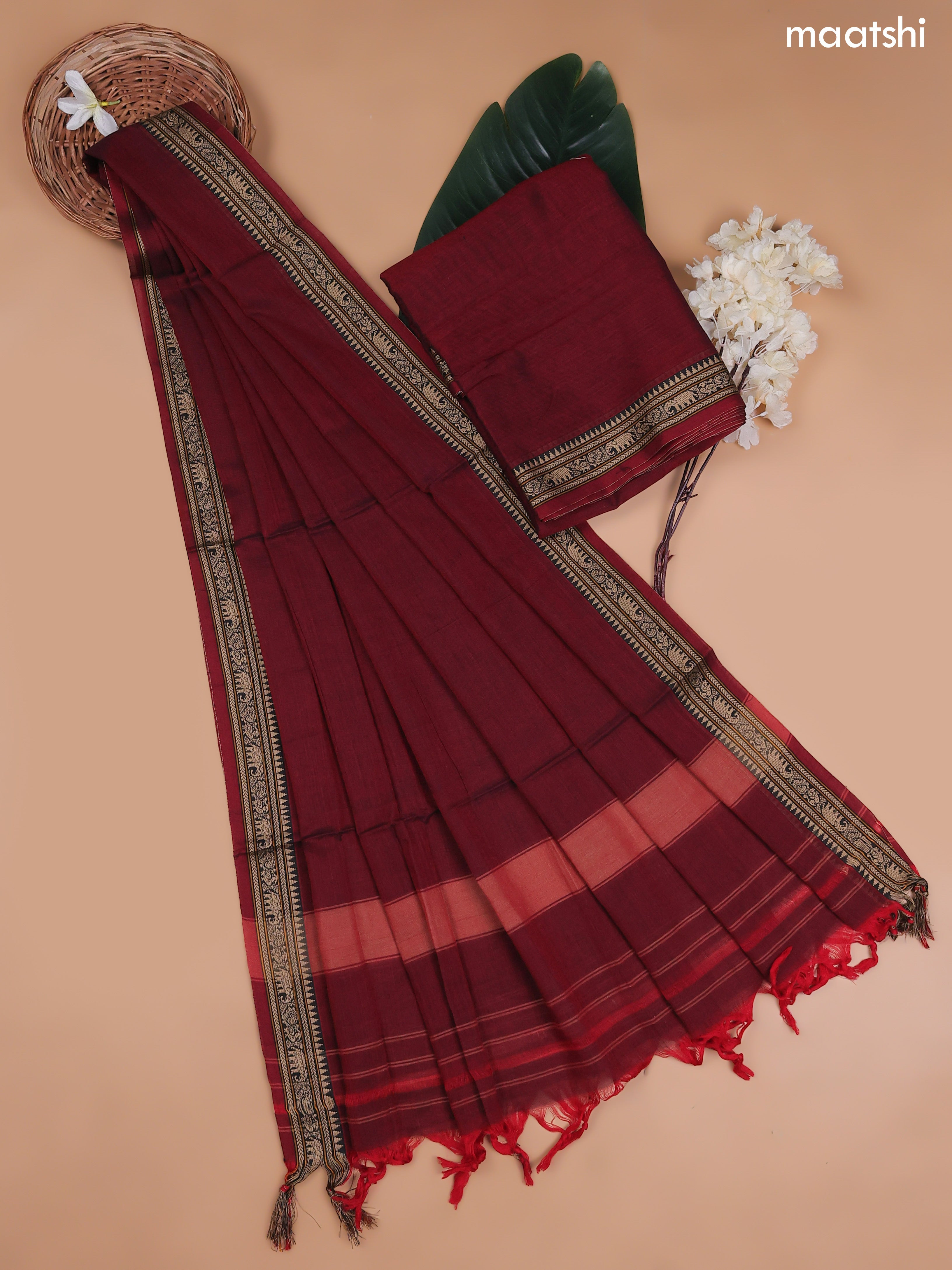 Maroon Narayanpet Cotton Dress Material With Plain Body and Running Bottom & Duppata