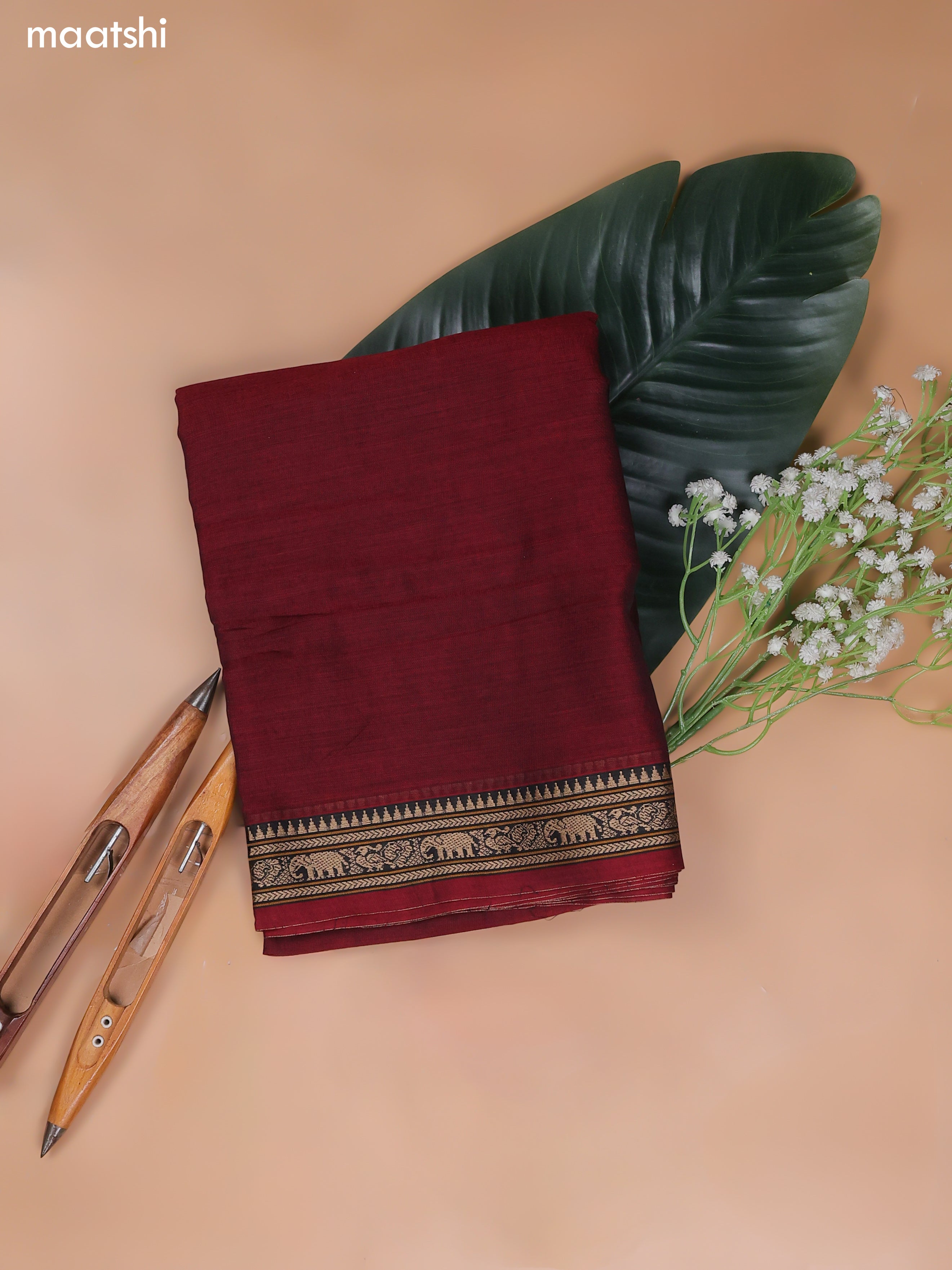 Maroon Narayanpet Cotton Dress Material With Plain Body and Running Bottom & Duppata