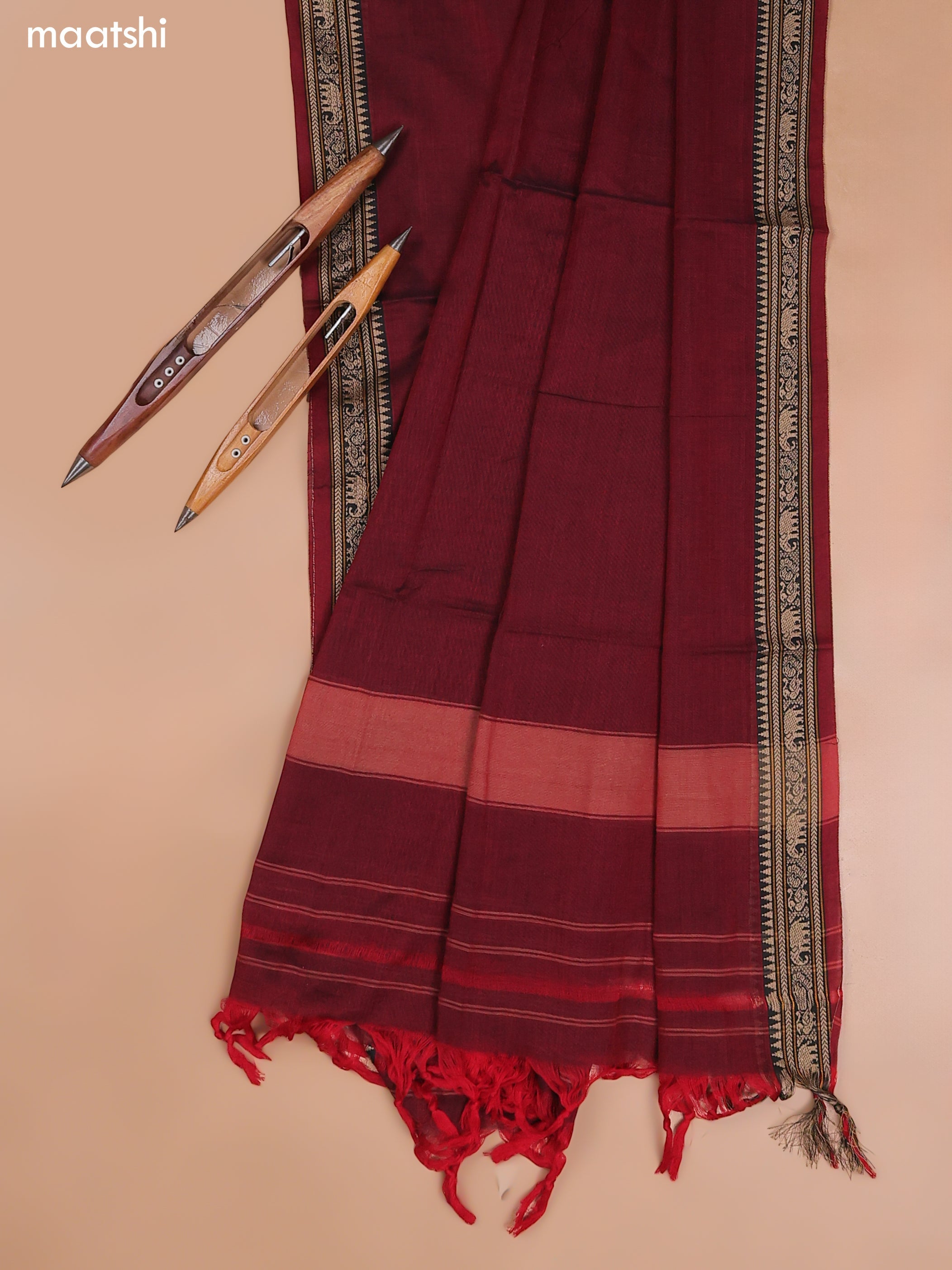 Maroon Narayanpet Cotton Dress Material With Plain Body and Running Bottom & Duppata