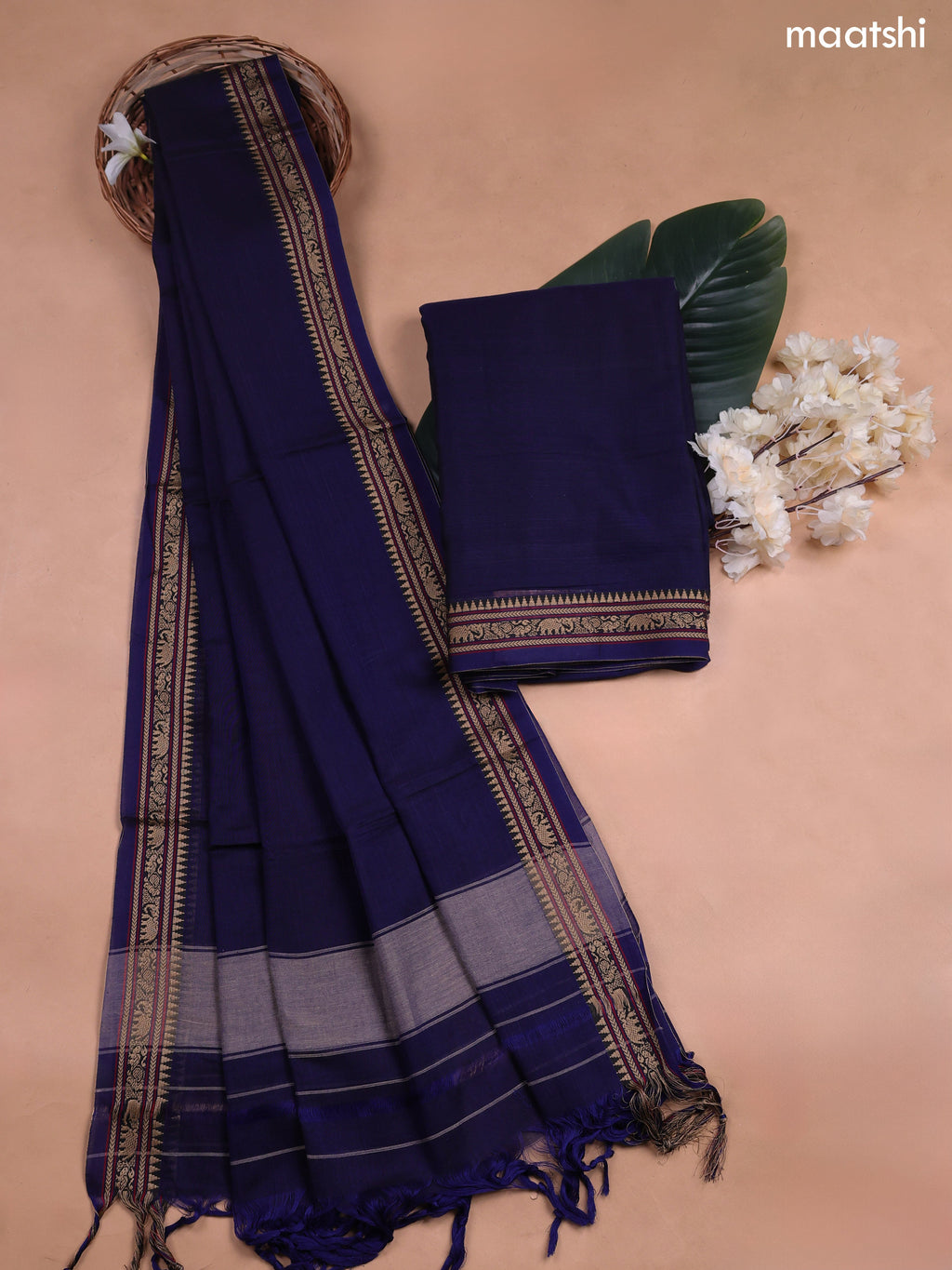 Dark Blue Narayanpet Cotton Dress Material With Plain Body and Running Bottom & Duppata