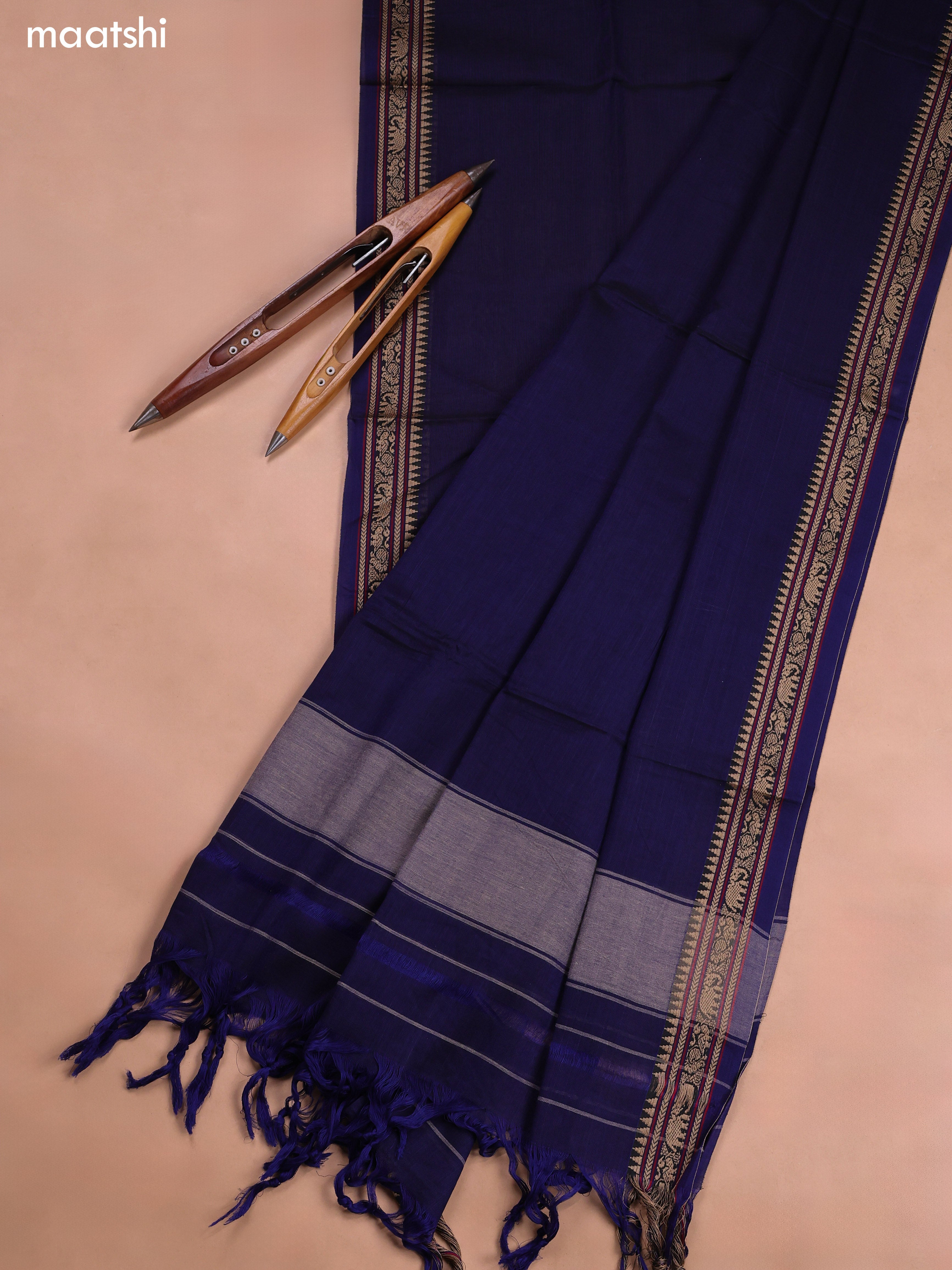 Dark Blue Narayanpet Cotton Dress Material With Plain Body and Running Bottom & Duppata