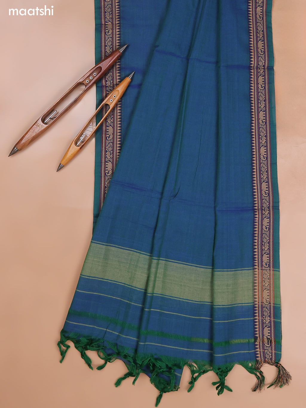 Pecockgreen Narayanpet Cotton Dress Material With Plain Body and Running Bottom & Duppata