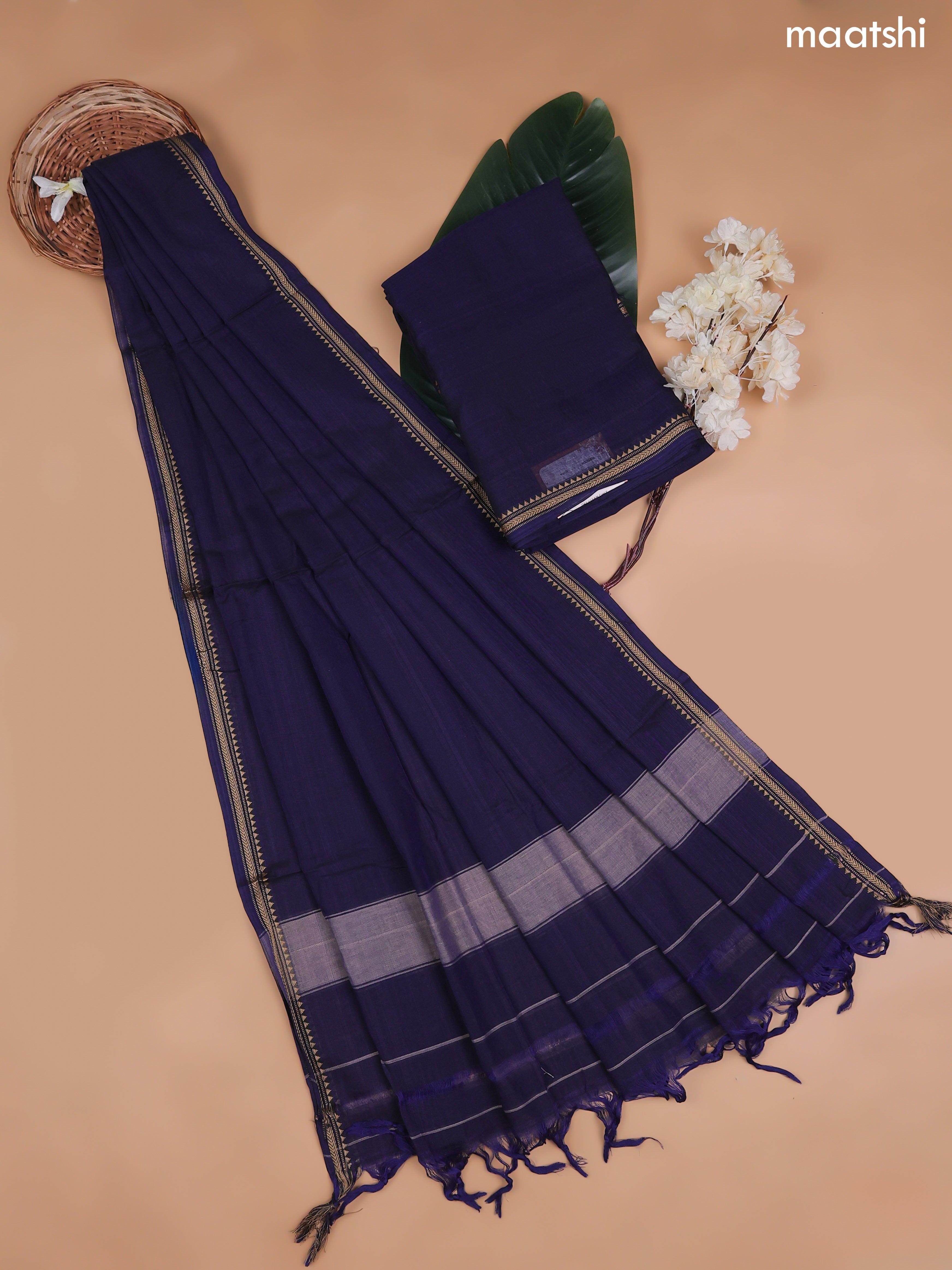 Navy Blue Narayanpet Cotton Dress Material With Plain Body and Running Bottom & Duppata