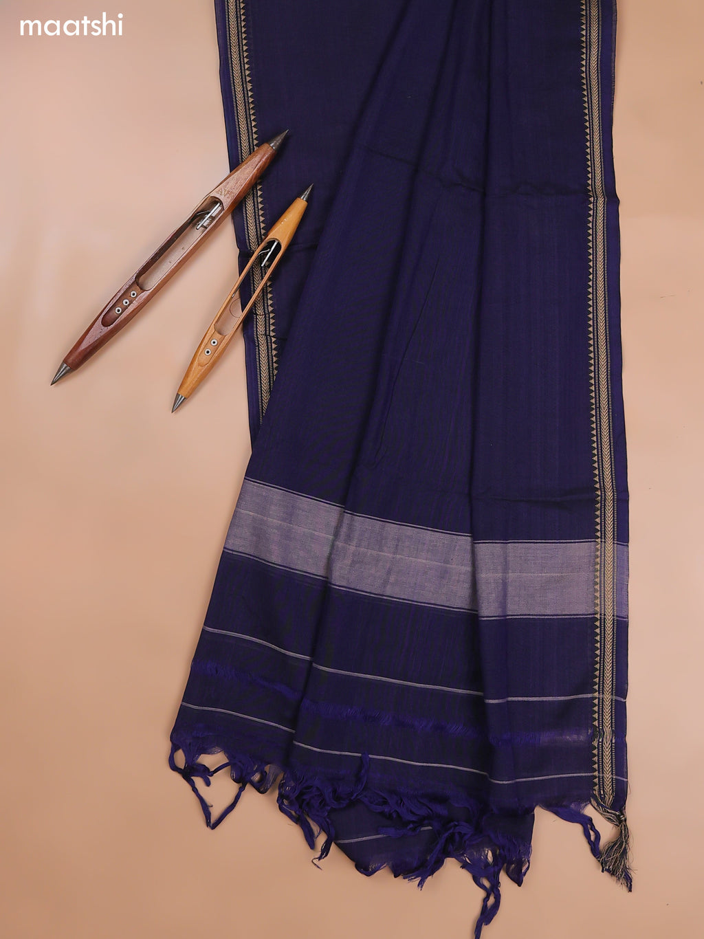 Navy Blue Narayanpet Cotton Dress Material With Plain Body and Running Bottom & Duppata