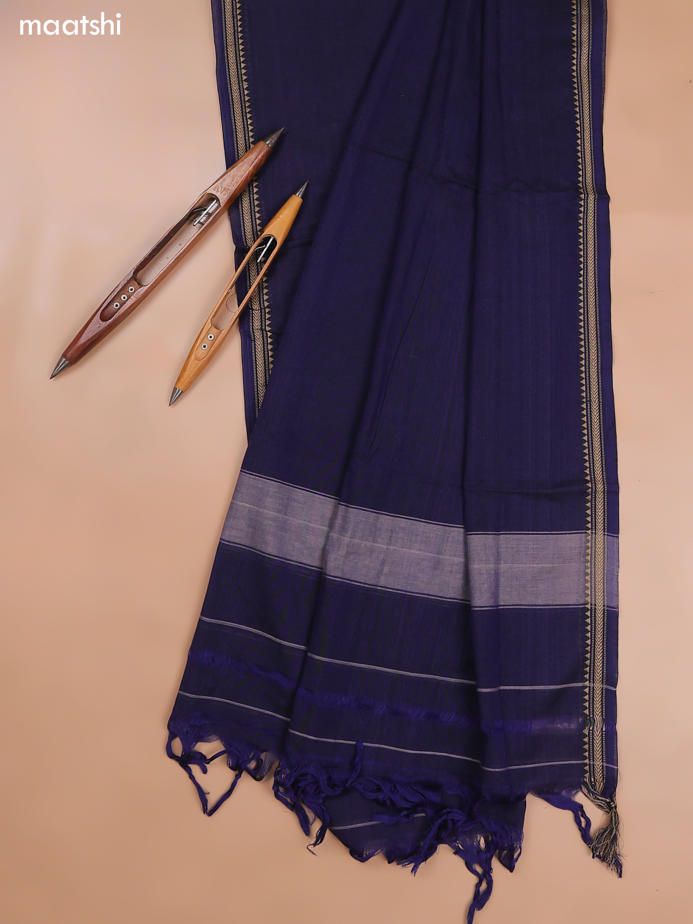 Navy Blue Narayanpet Cotton Dress Material With Plain Body and Running Bottom & Duppata