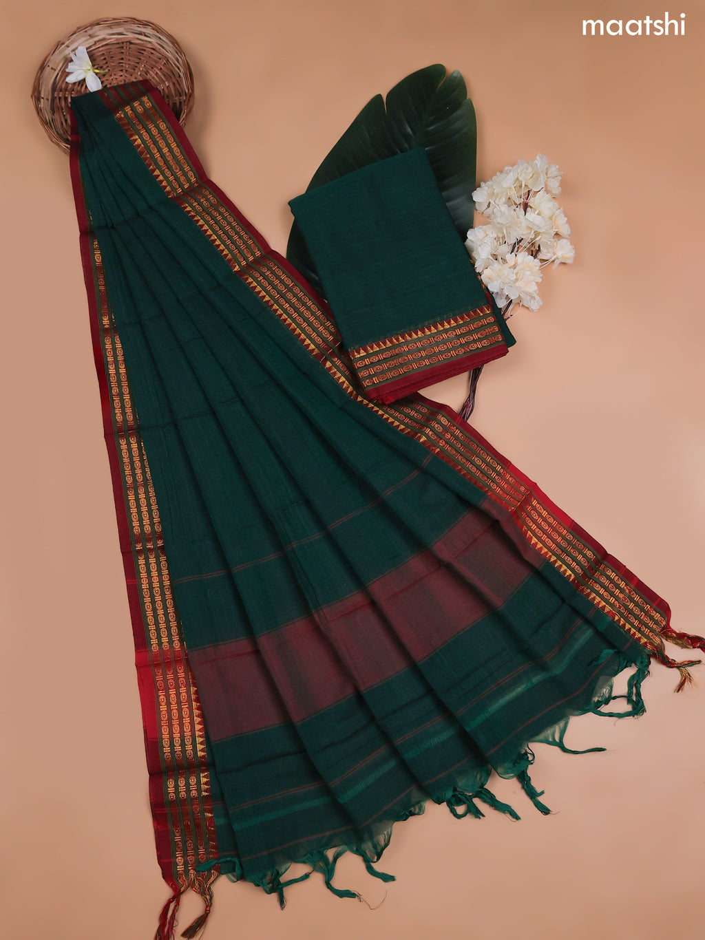 Green Narayanpet Cotton Dress Material With Plain Body and Running Bottom & Duppata