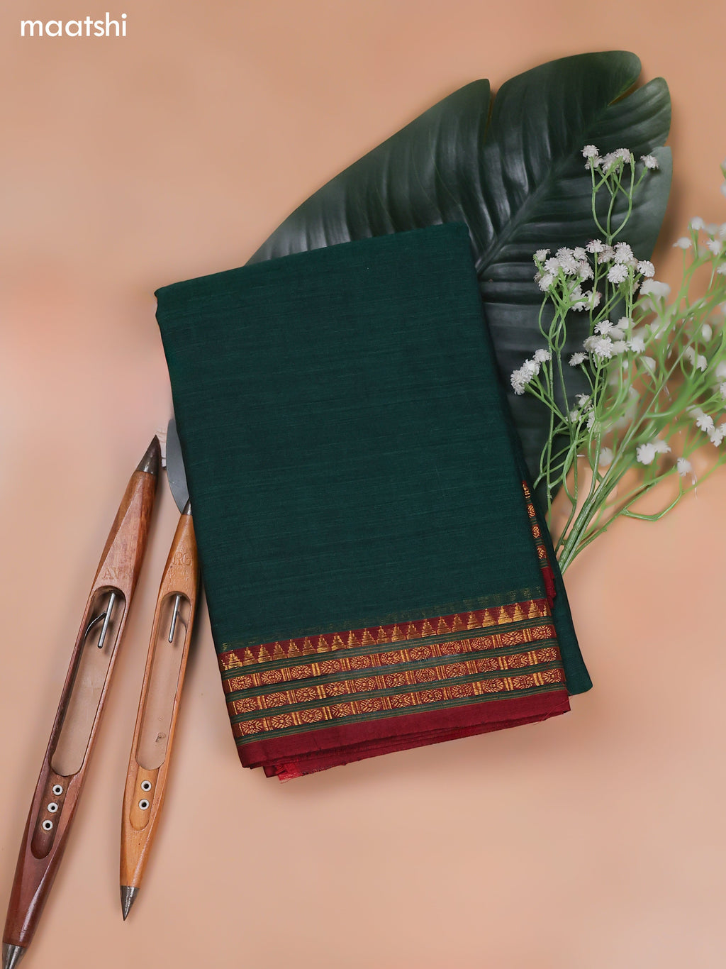 Green Narayanpet Cotton Dress Material With Plain Body and Running Bottom & Duppata