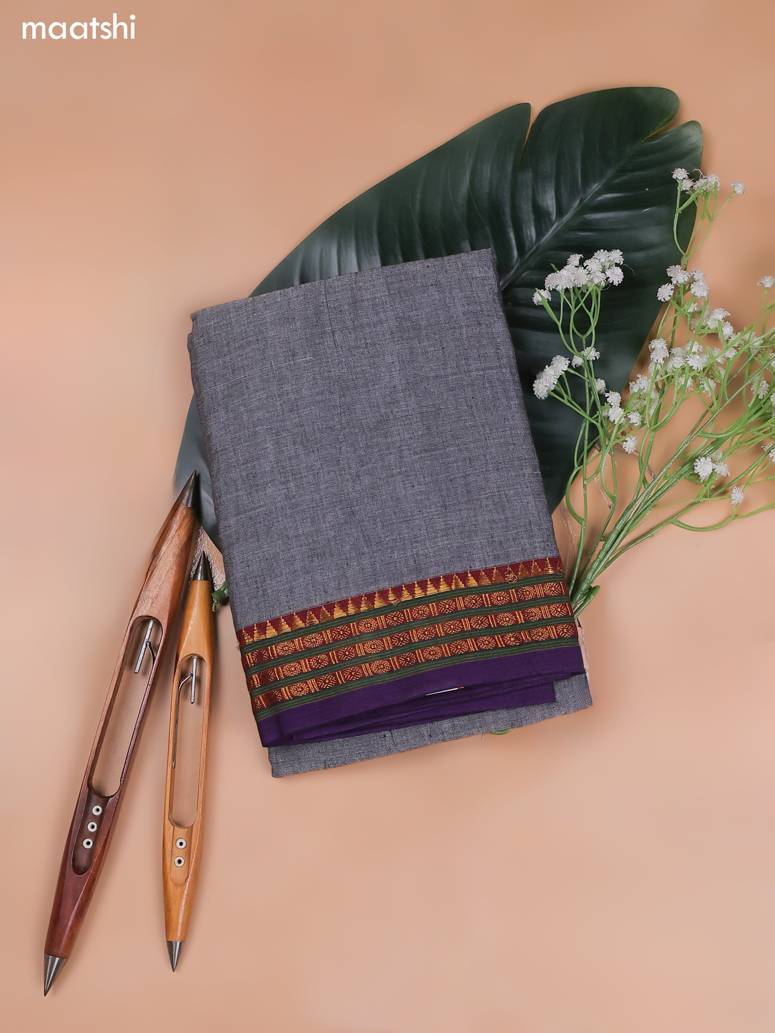 Grey Narayanpet Cotton Dress Material With Plain Body and Running Bottom & Duppata