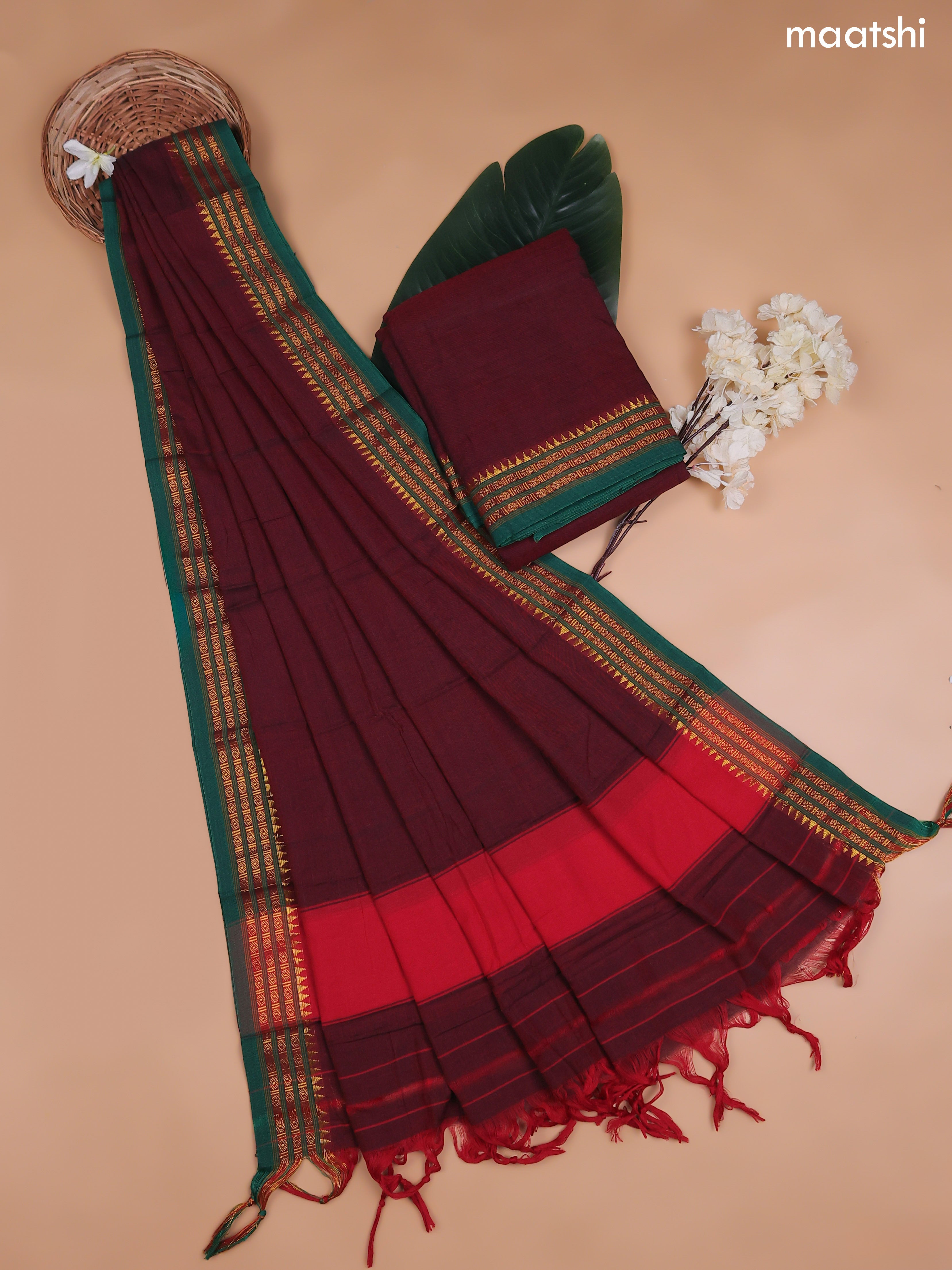 Maroon Narayanpet Cotton Dress Material With Plain Body and Running Bottom & Duppata