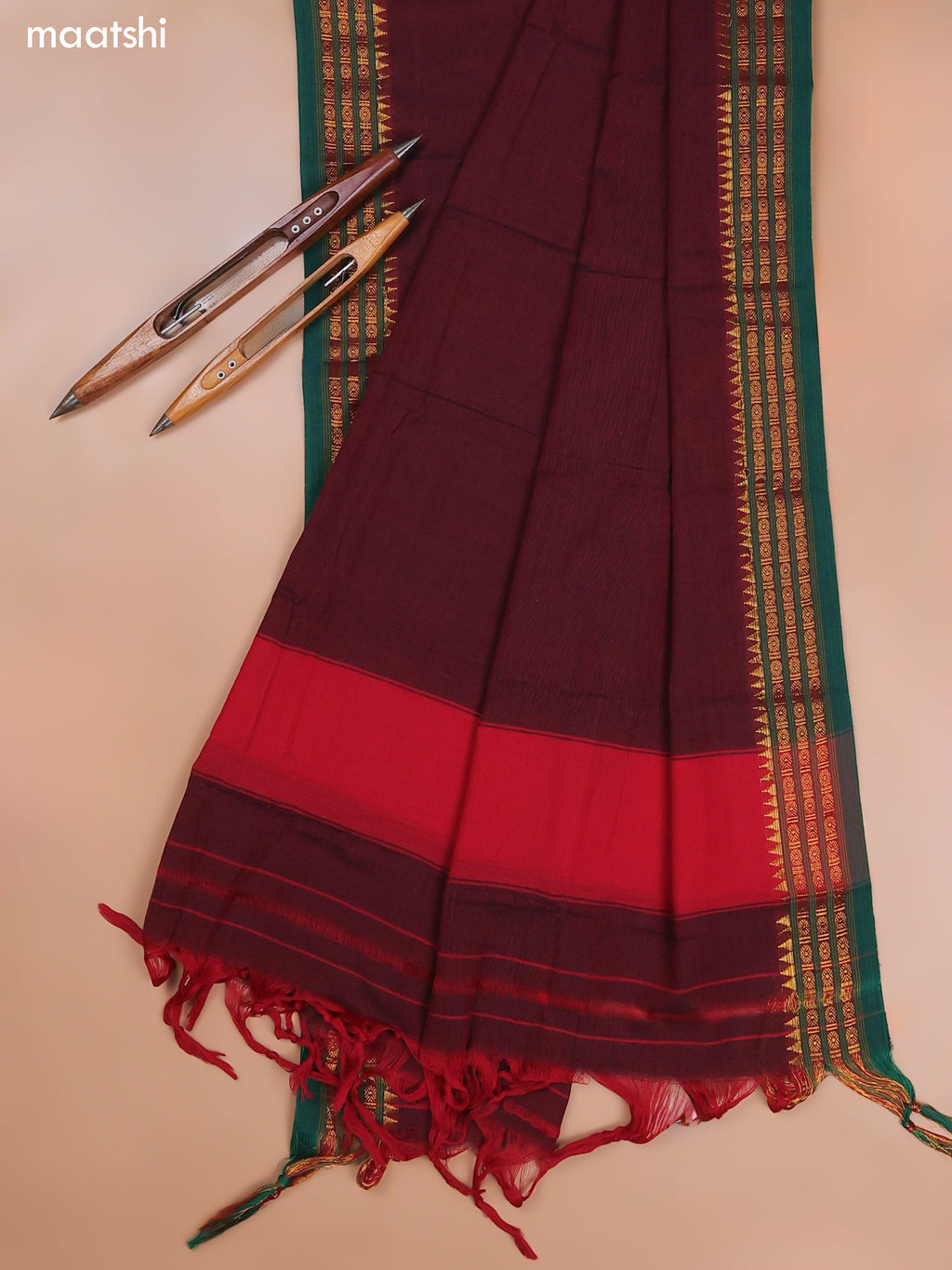 Maroon Narayanpet Cotton Dress Material With Plain Body and Running Bottom & Duppata