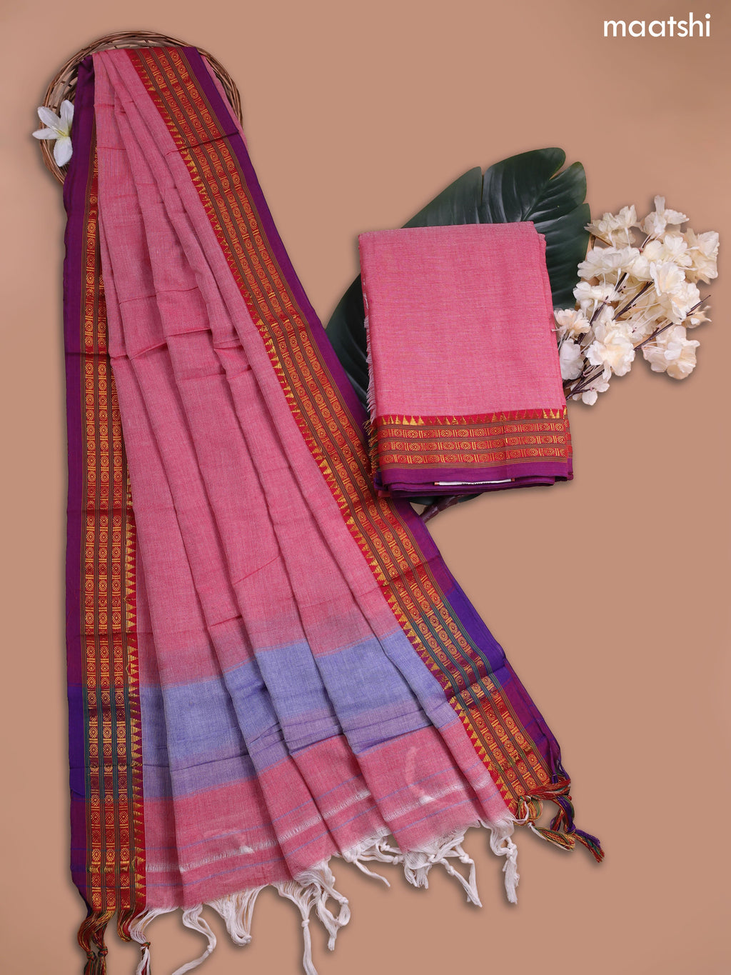 Reddish Pink Narayanpet Cotton Dress Material With Plain Body and Running Bottom & Duppata