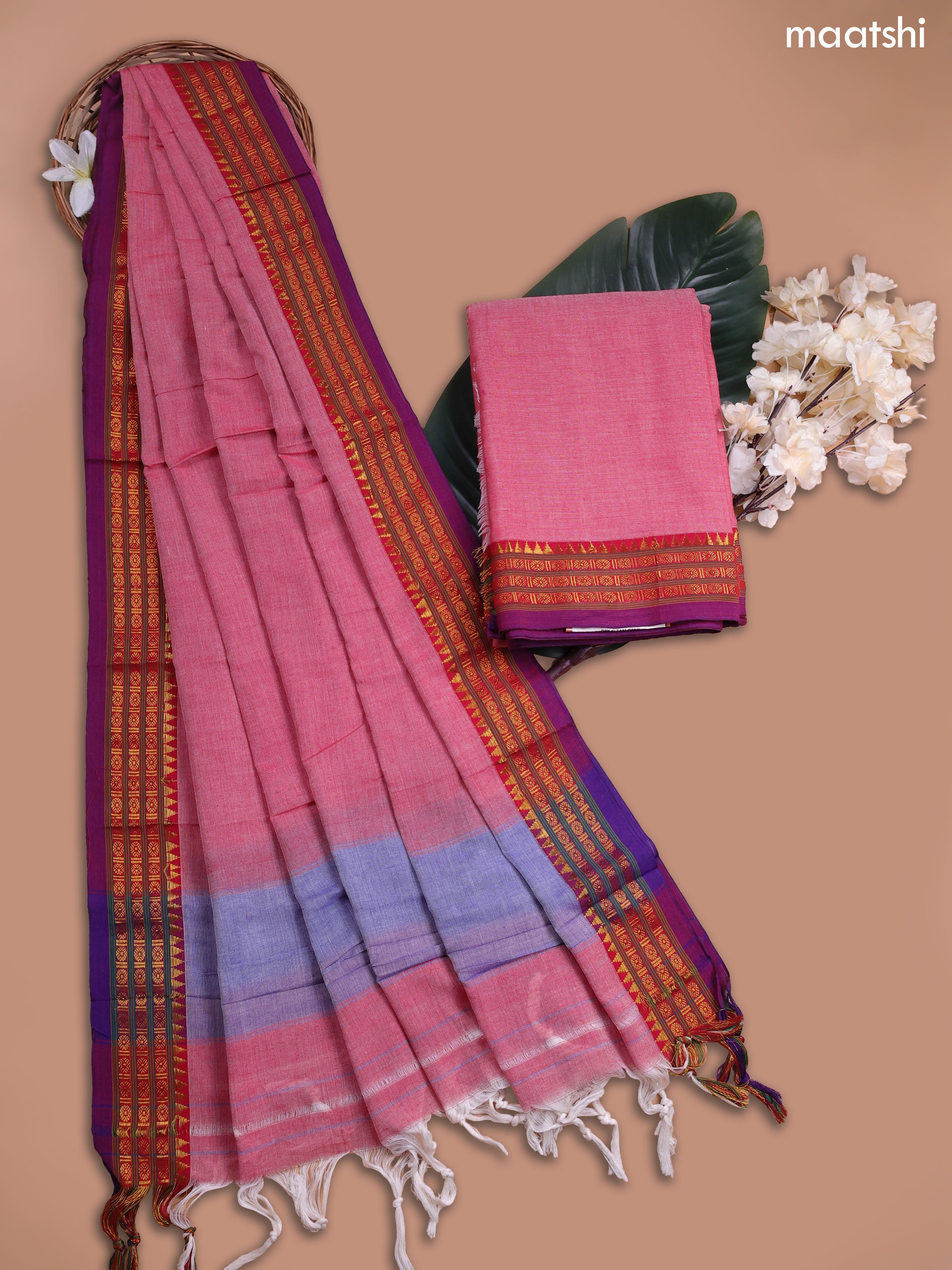 Reddish Pink Narayanpet Cotton Dress Material With Plain Body and Running Bottom & Duppata