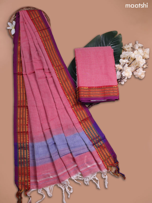 Reddish Pink Narayanpet Cotton Dress Material With Plain Body and Running Bottom & Duppata