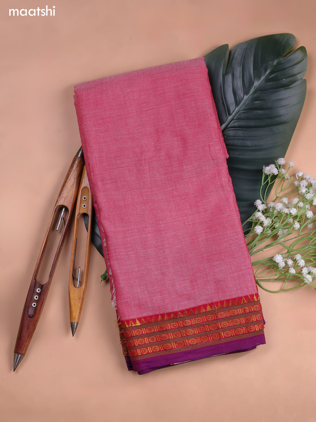 Reddish Pink Narayanpet Cotton Dress Material With Plain Body and Running Bottom & Duppata