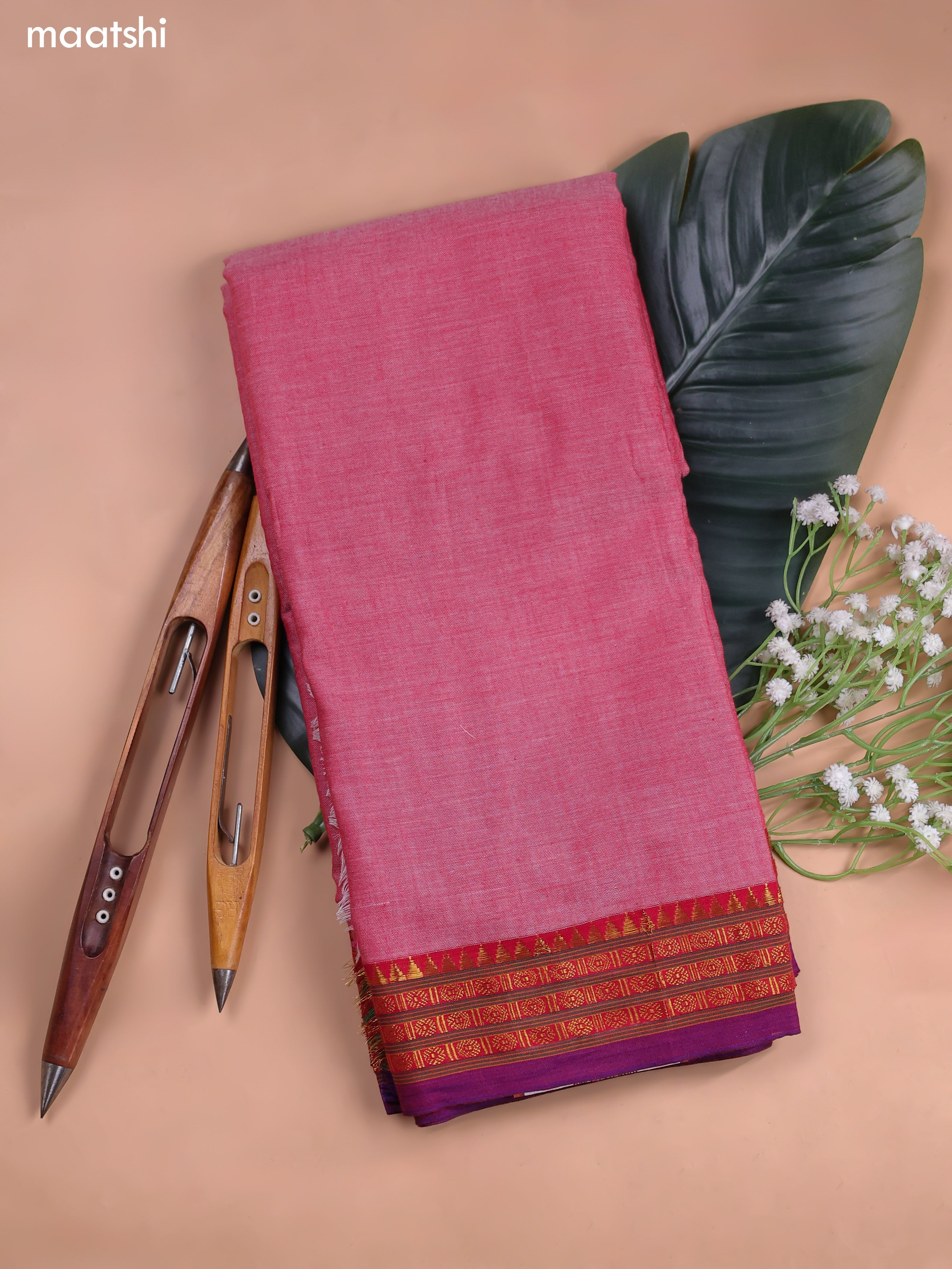Reddish Pink Narayanpet Cotton Dress Material With Plain Body and Running Bottom & Duppata