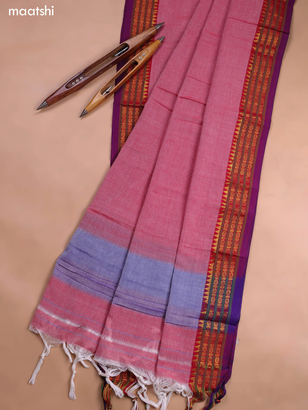 Reddish Pink Narayanpet Cotton Dress Material With Plain Body and Running Bottom & Duppata