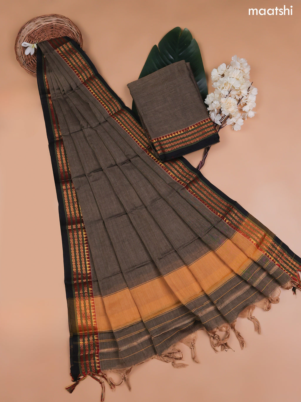 Dark Grey Narayanpet Cotton Dress Material With Plain Body and Running Bottom & Duppata