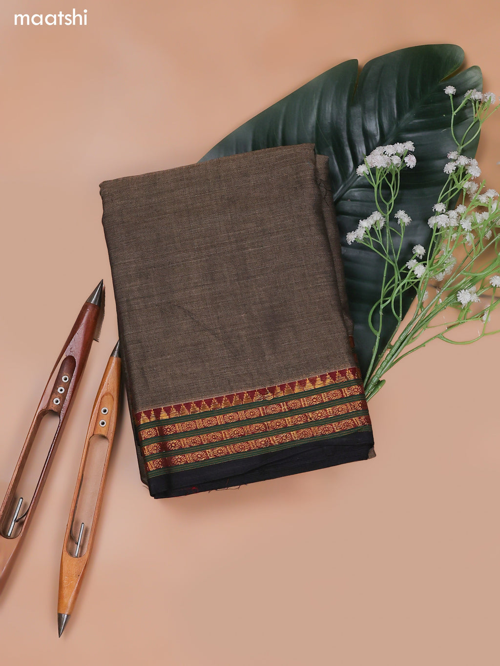 Dark Grey Narayanpet Cotton Dress Material With Plain Body and Running Bottom & Duppata