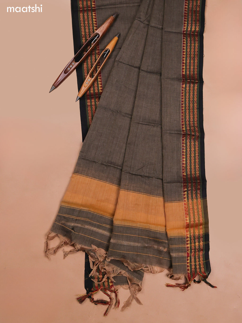 Dark Grey Narayanpet Cotton Dress Material With Plain Body and Running Bottom & Duppata