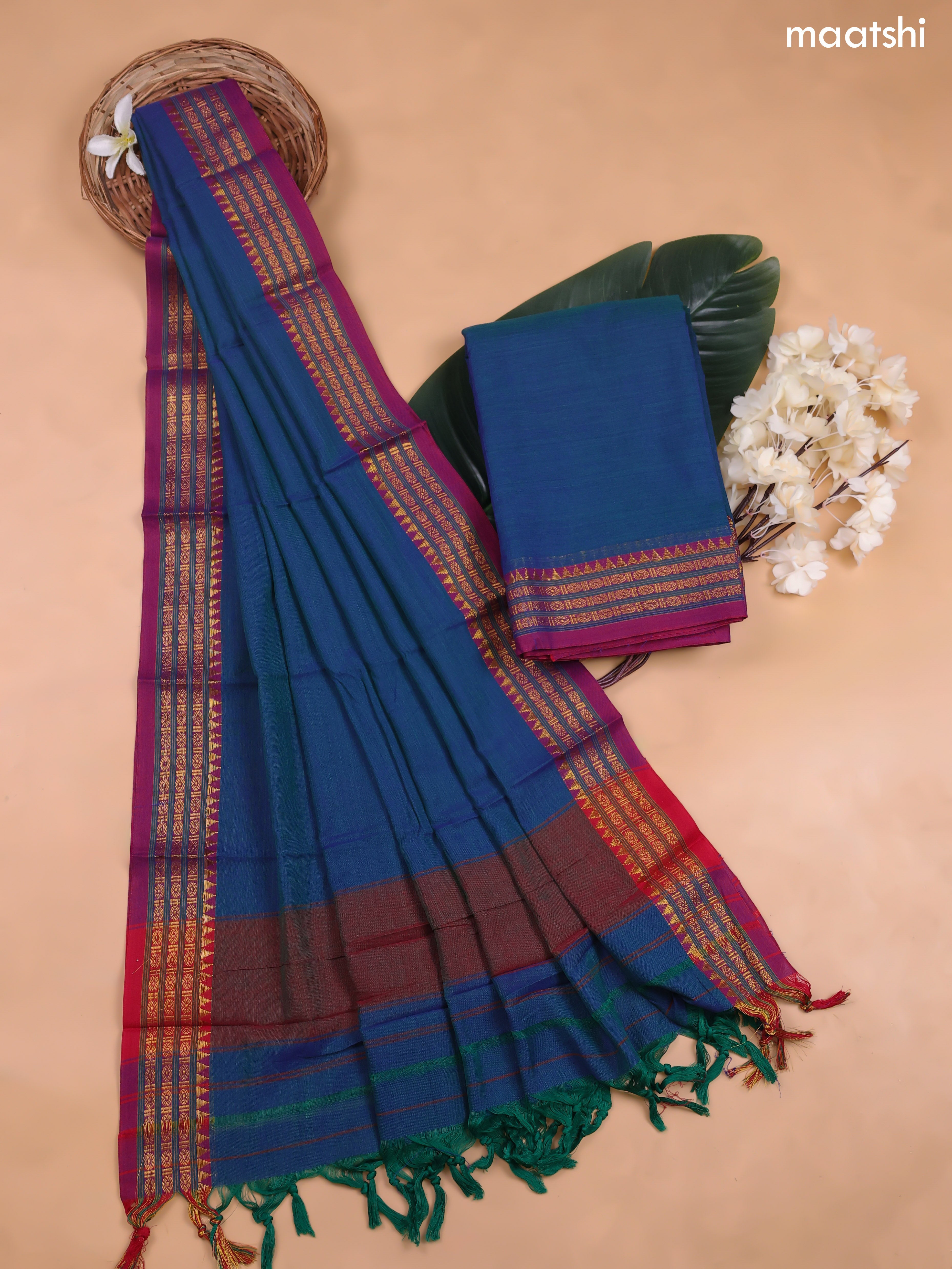 Peacock Blue Narayanpet Cotton Dress Material With Plain Body and Running Bottom & Duppata