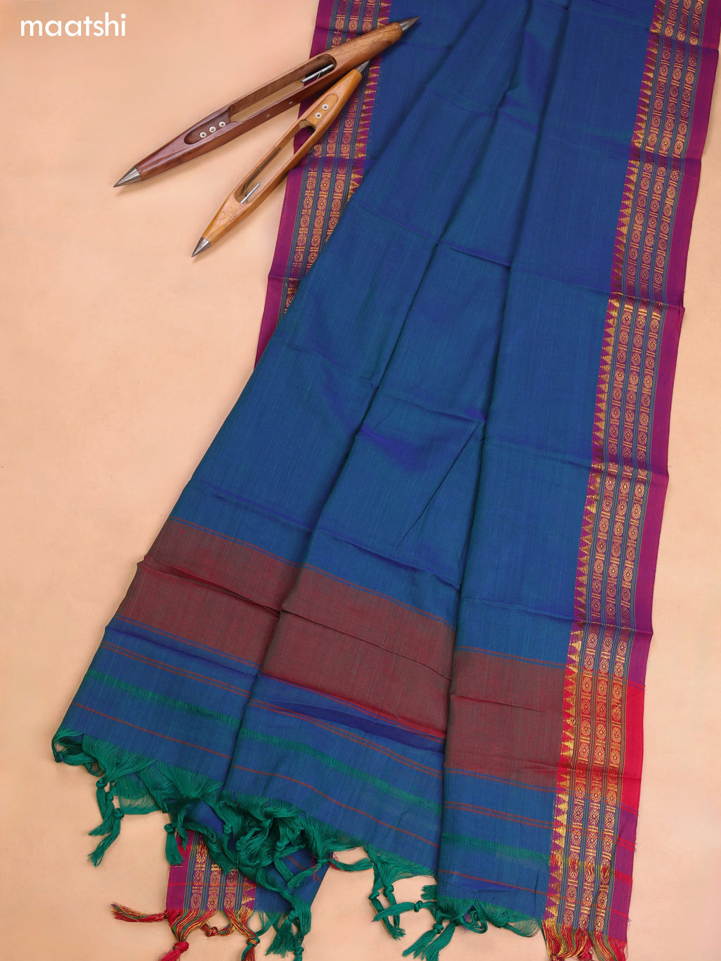 Peacock Blue Narayanpet Cotton Dress Material With Plain Body and Running Bottom & Duppata