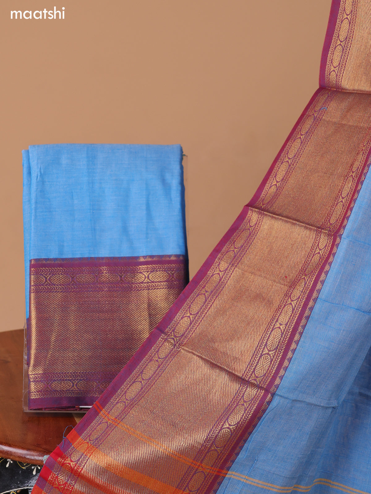 Light Blue Narayanpet Cotton Dress Material With Plain Body & Thread Woven Border and Running Bottom & Duppata