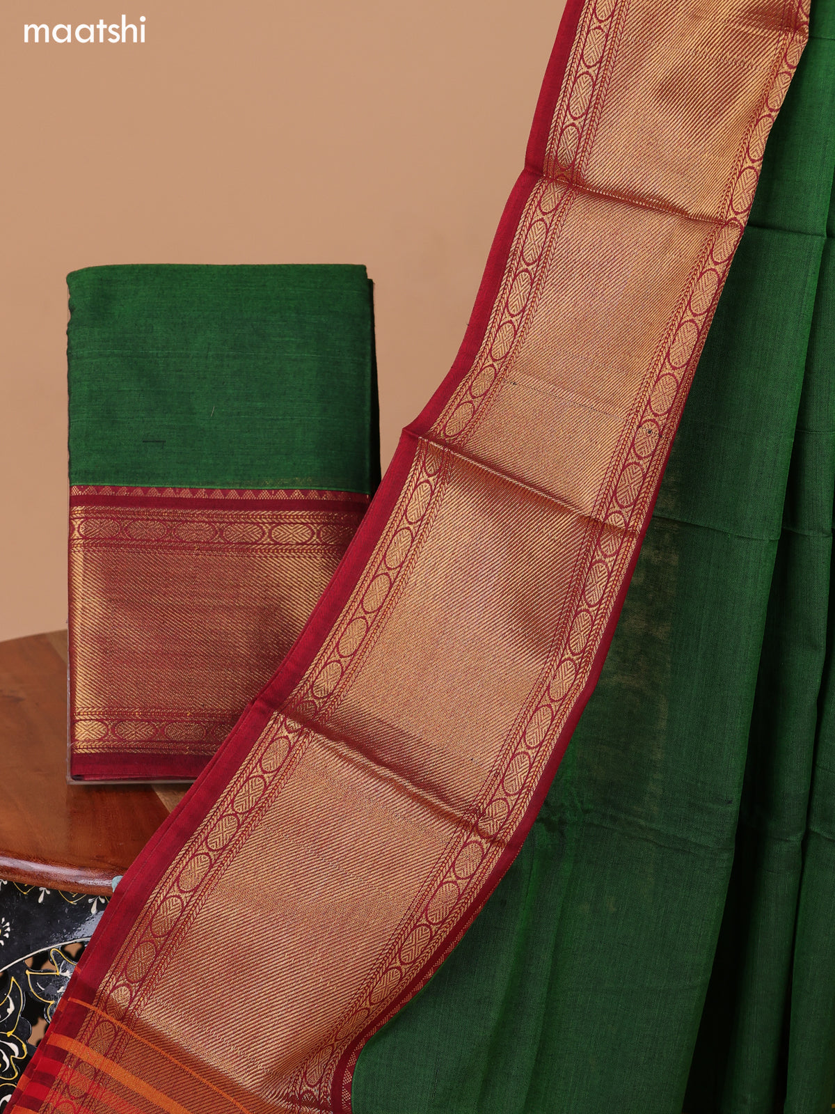 Green Narayanpet Cotton Dress Material With Plain Body & Thread Woven Border and Running Bottom & Duppata