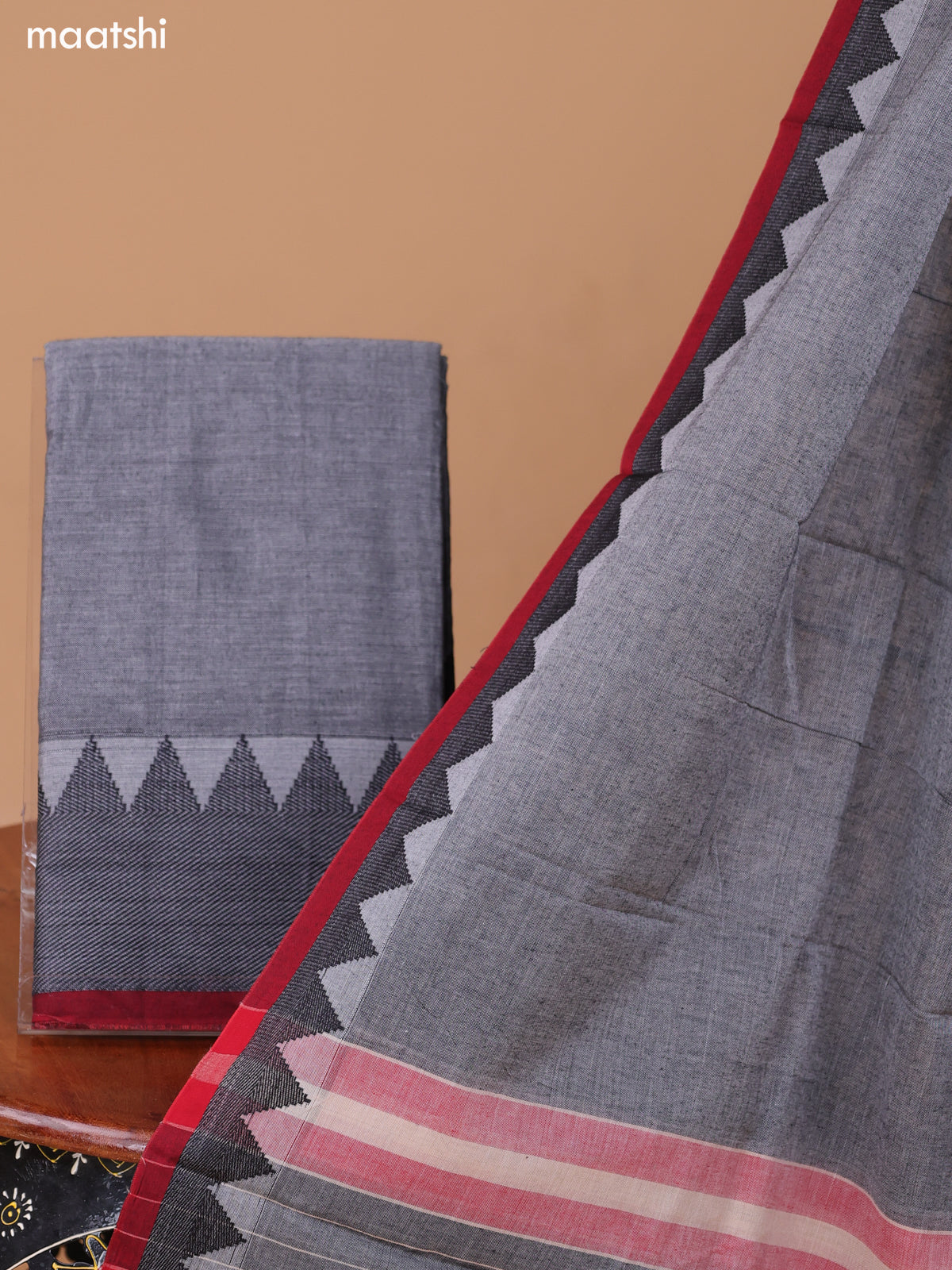 Grey Narayanpet Cotton Dress Material With Plain Body & Thread Woven Border and Running Bottom & Duppata
