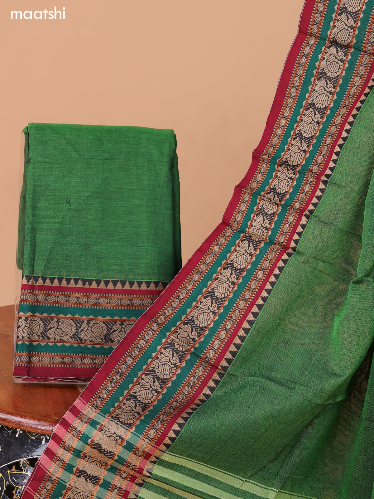 Green Narayanpet Cotton Dress Material With Plain Body & Thread Woven Border and Running Bottom & Duppata