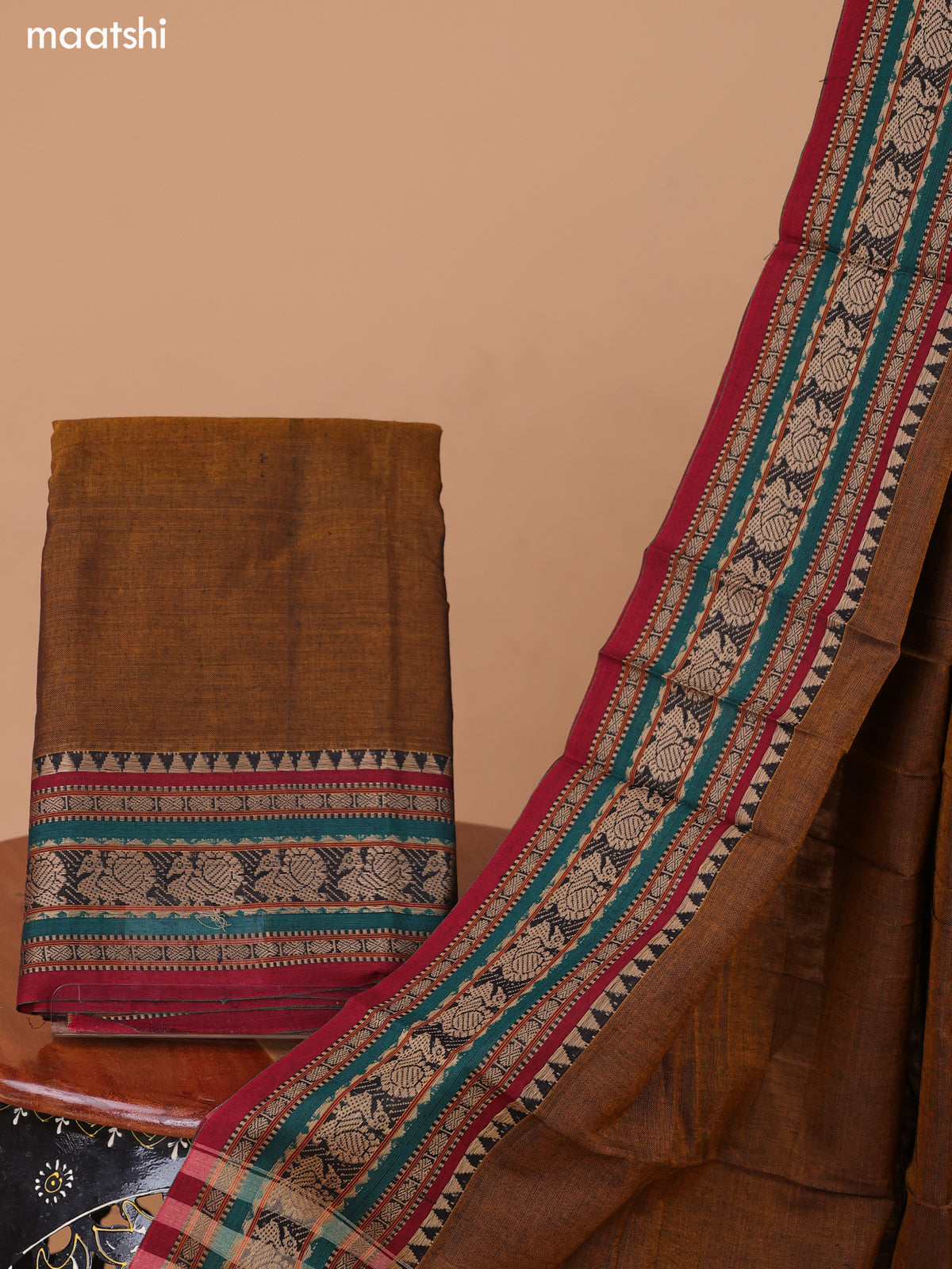 Chiku Shade Narayanpet Cotton Dress Material With Plain Body & Thread Woven Border and Running Bottom & Duppata