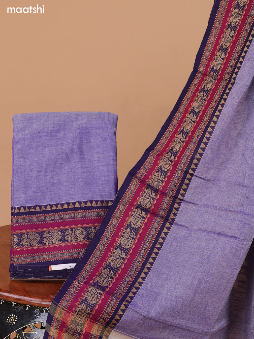 Lavender and Deep Violet Narayanpet Cotton Dress Material With Plain Body & Thread Woven Border and Running Bottom & Duppata