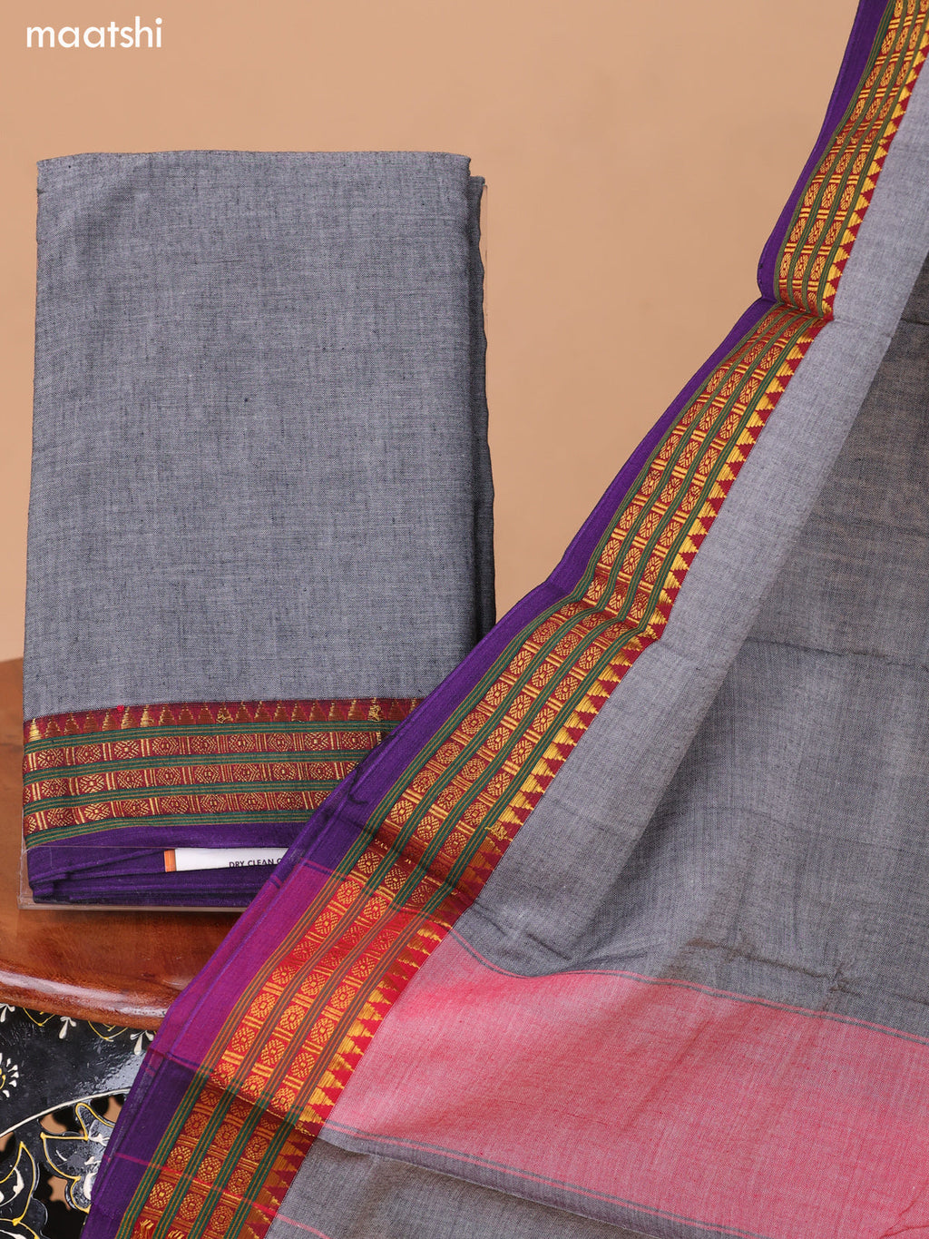 Grey Narayanpet Cotton Dress Material With Plain Body & Thread Woven Border and Running Bottom & Duppata