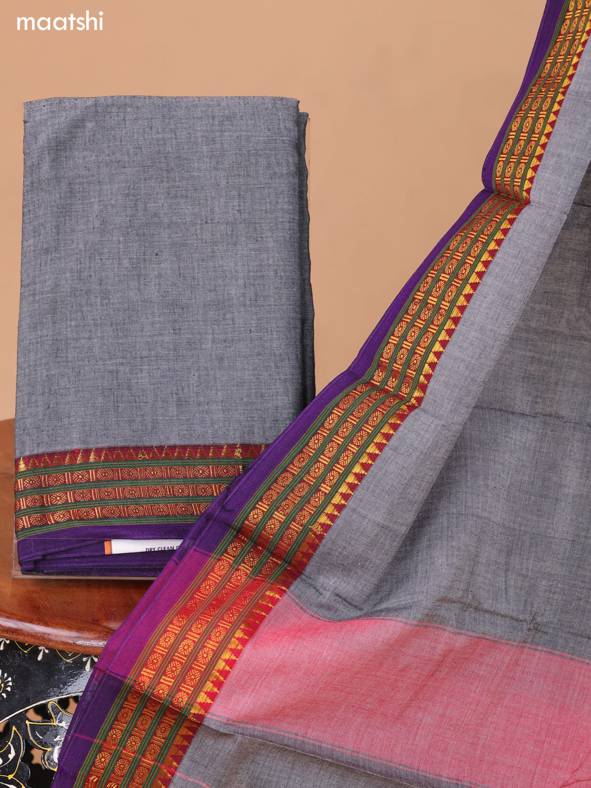 Grey Narayanpet Cotton Dress Material With Plain Body & Thread Woven Border and Running Bottom & Duppata