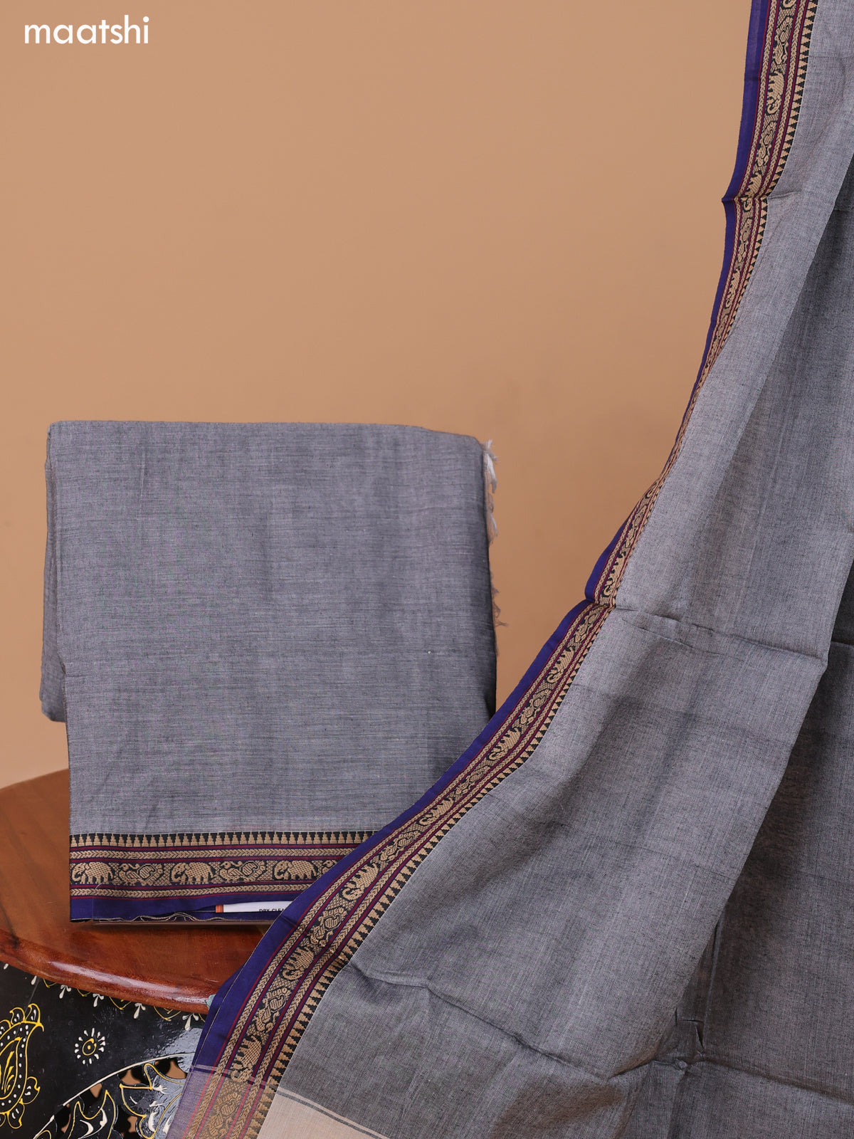 Grey and Blue Narayanpet Cotton Dress Material With Plain Body & Thread Woven Border and Running Bottom & Duppata