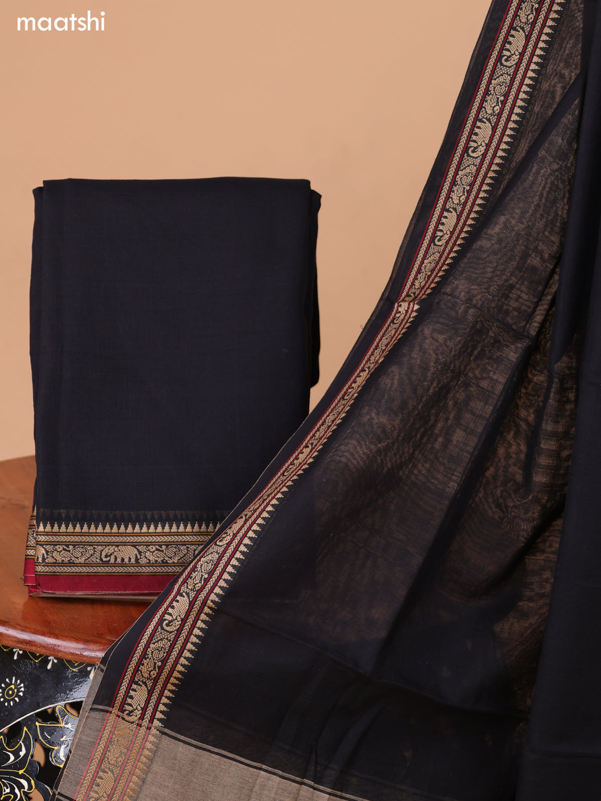 Black Narayanpet Cotton Dress Material With Plain Body & Thread Woven Border and Running Bottom & Duppata