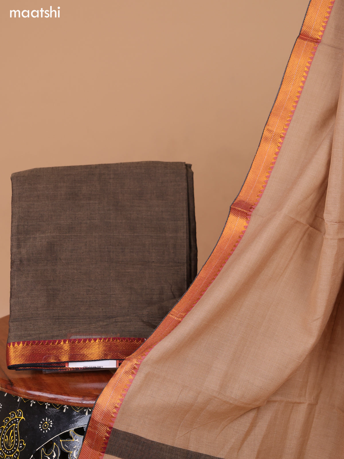 Chiku Shade Narayanpet Cotton Dress Material With Plain Body & Thread Woven Border and Running Bottom & Duppata