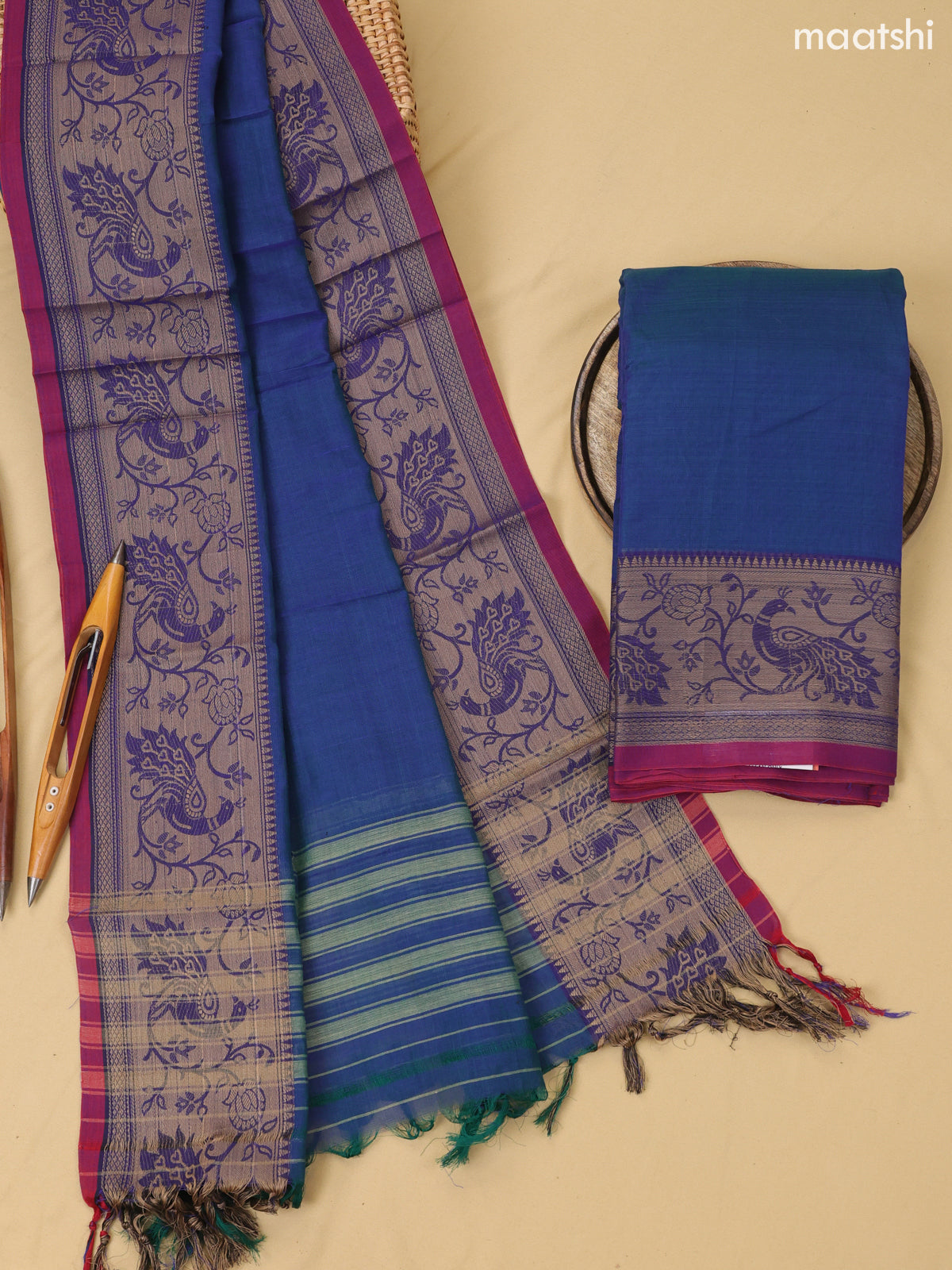 Navy Blue Narayanpet Cotton Dress Material With Plain Body & Thread Woven Border