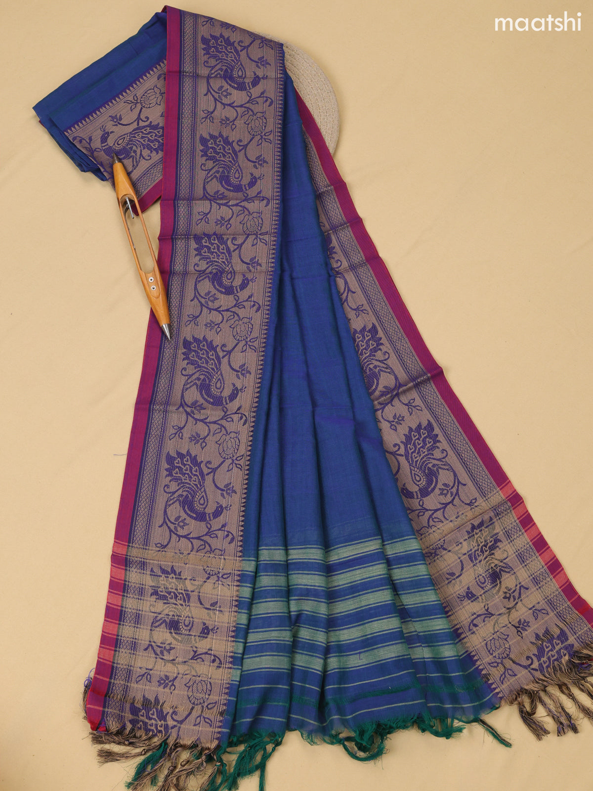 Navy Blue Narayanpet Cotton Dress Material With Plain Body & Thread Woven Border