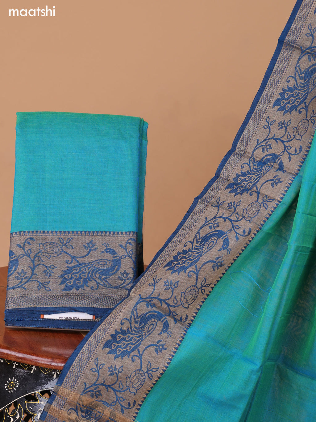 Dual Shade Of Teal Blue Narayanpet Cotton Dress Material With Plain Body & Thread Woven Border and Running Bottom & Duppata