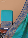 Dual Shade Of Teal Blue Narayanpet Cotton Dress Material With Plain Body & Thread Woven Border and Running Bottom & Duppata