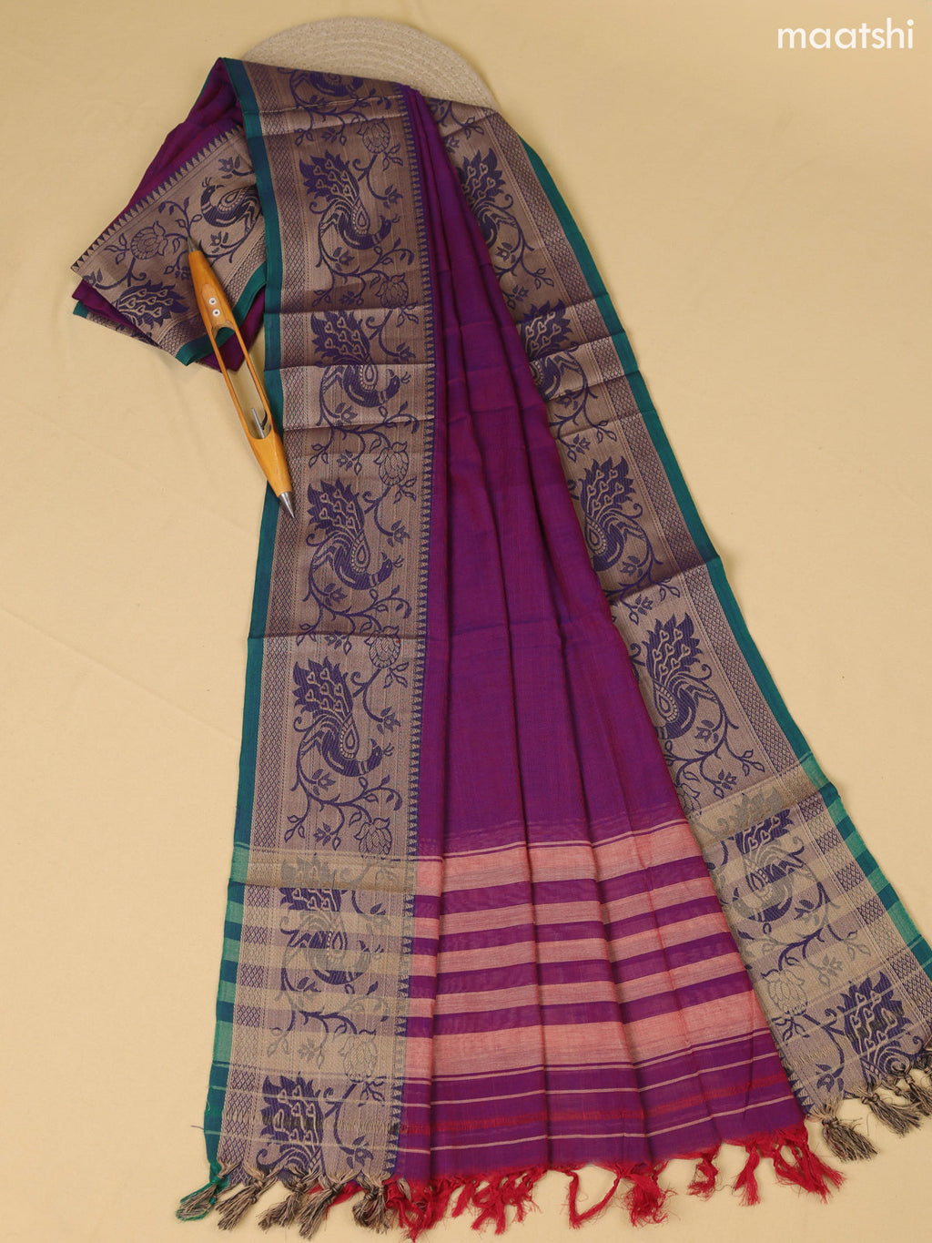 Dual Shade Of Purple Narayanpet Cotton Dress Material With Plain Body & Thread Woven Border