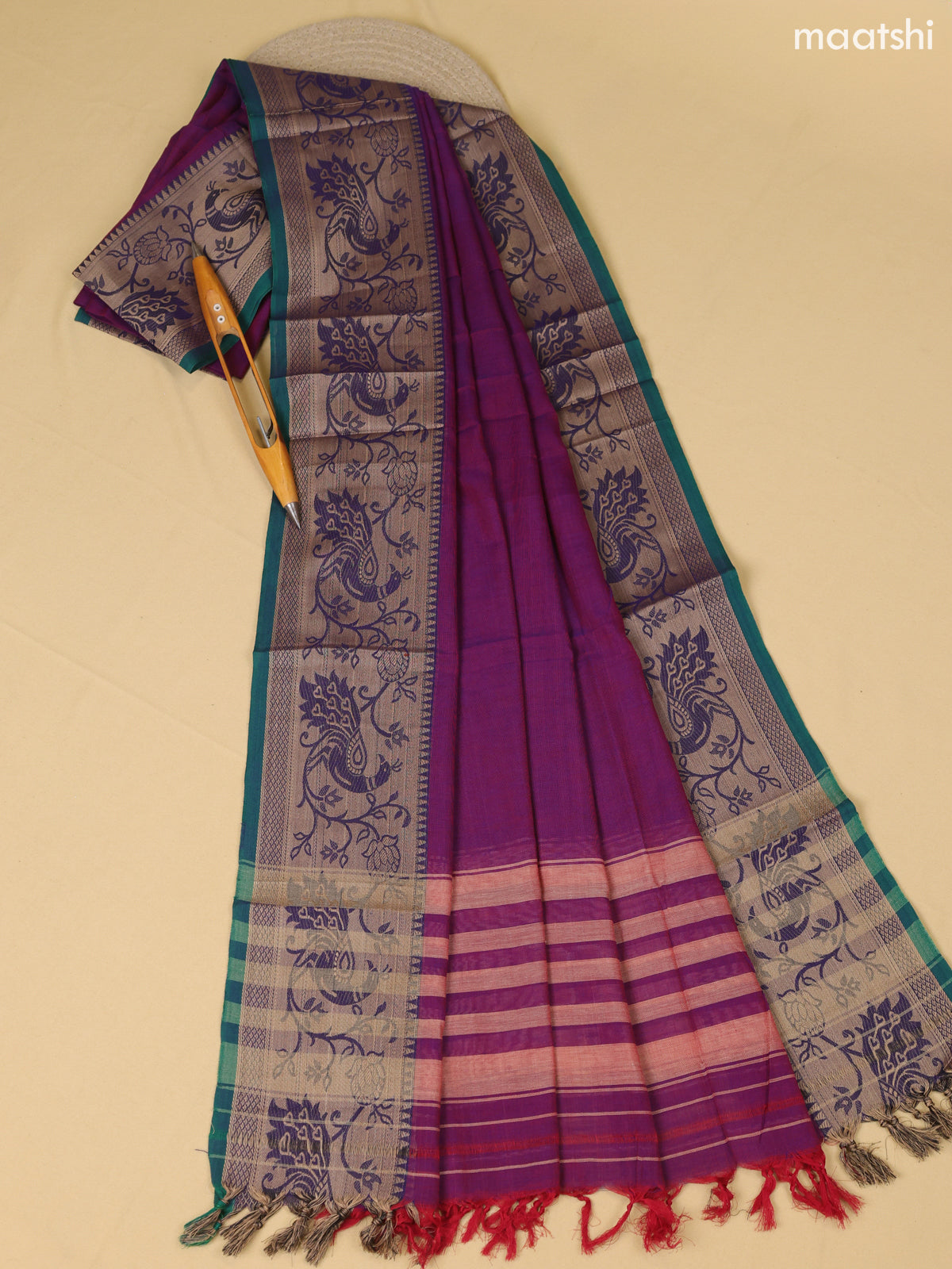 Dual Shade Of Purple Narayanpet Cotton Dress Material With Plain Body & Thread Woven Border