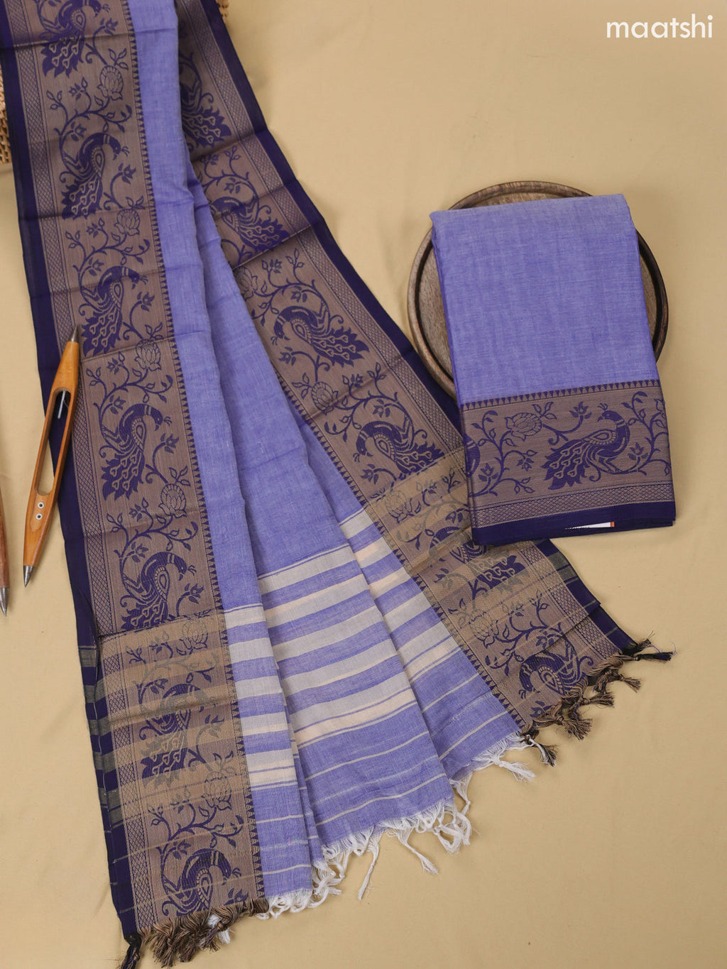 Lavender Narayanpet Cotton Dress Material With Plain Body & Thread Woven Border