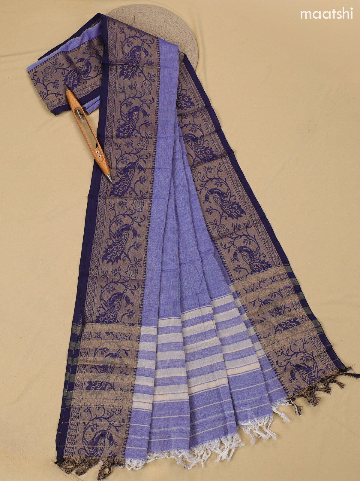 Lavender Narayanpet Cotton Dress Material With Plain Body & Thread Woven Border