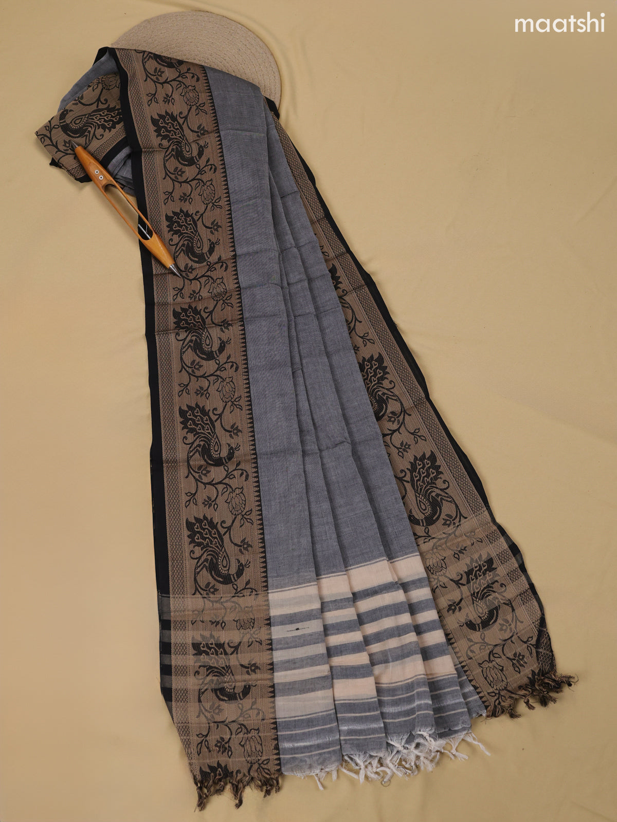 Grey Narayanpet Cotton Dress Material With Plain Body & Thread Woven Border