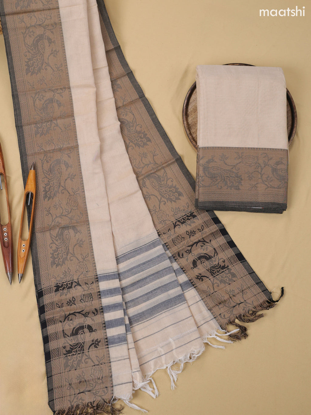 Cream Narayanpet Cotton Dress Material With Plain Body & Thread Woven Border