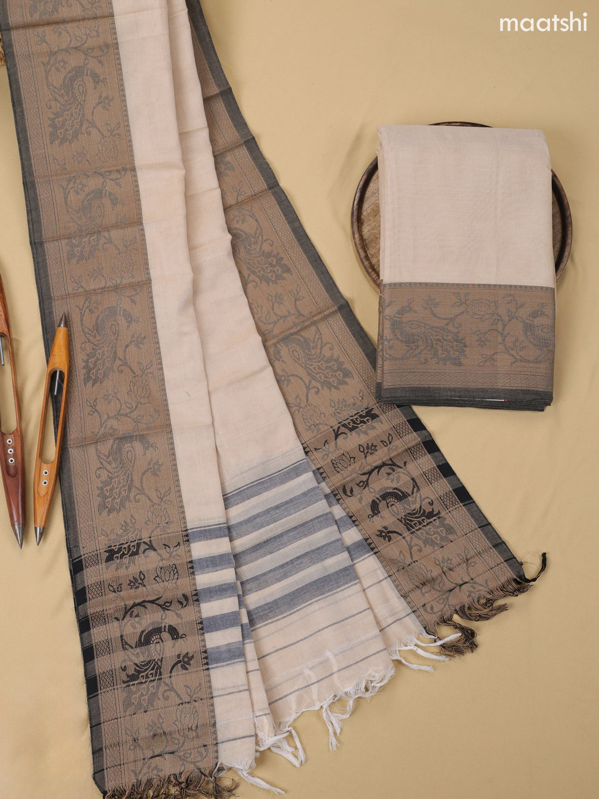 Cream Narayanpet Cotton Dress Material With Plain Body & Thread Woven Border