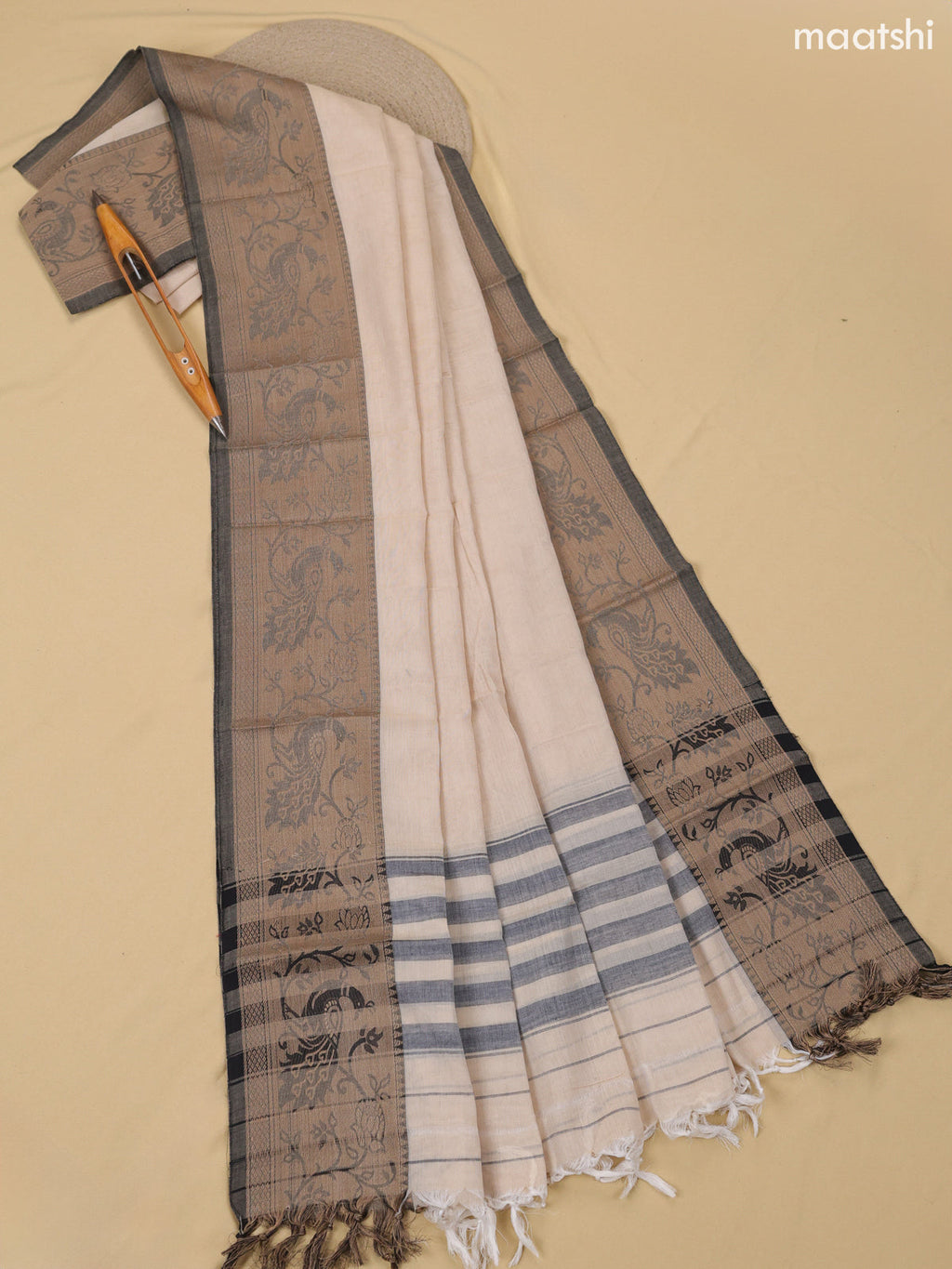 Cream Narayanpet Cotton Dress Material With Plain Body & Thread Woven Border