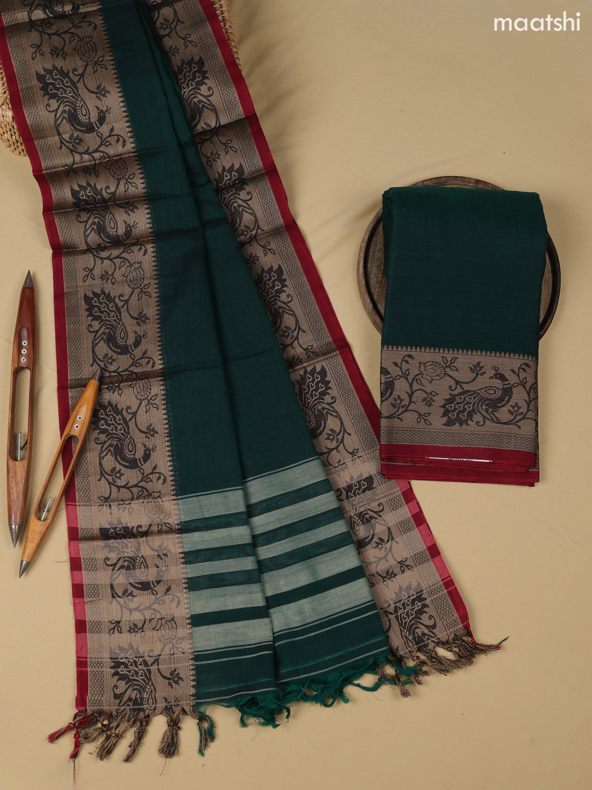 Green Narayanpet Cotton Dress Material With Plain Body & Thread Woven Border